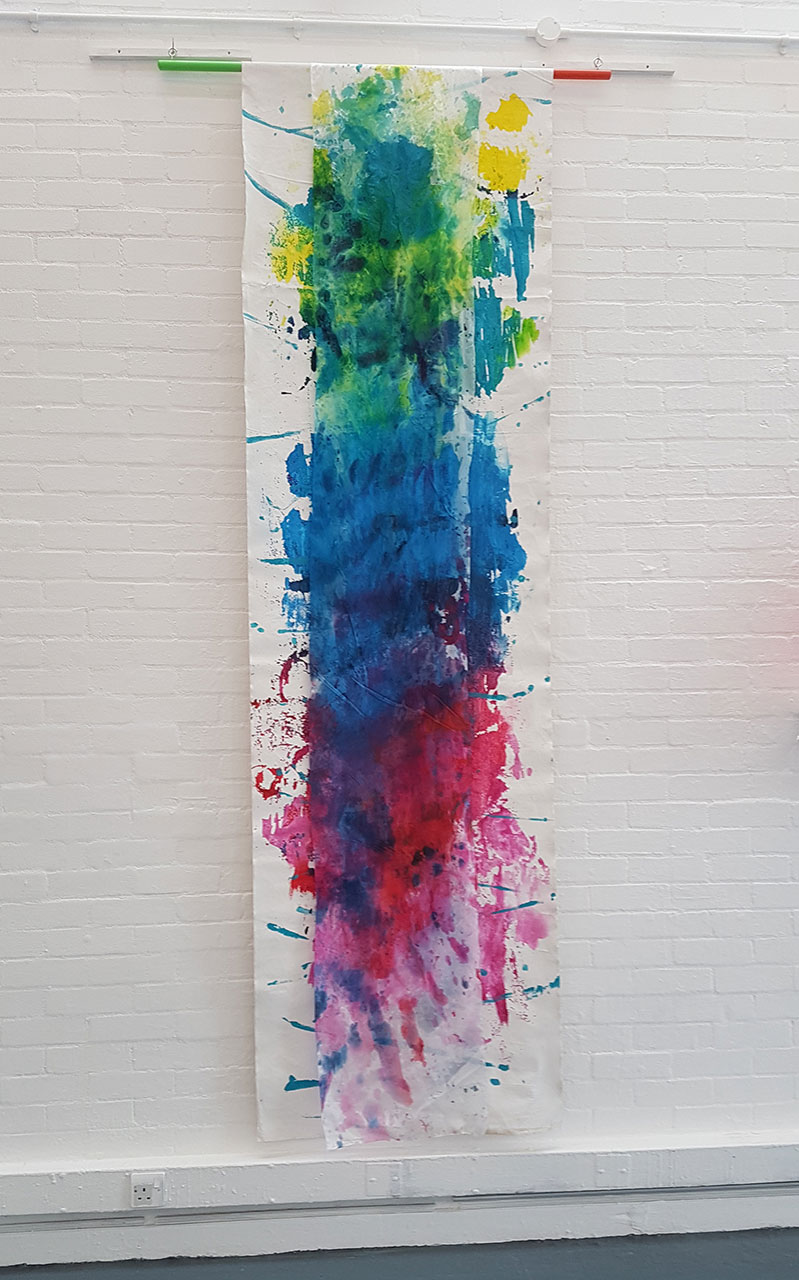 And Then There Were Two, 2021Canvas, gesso, silk, acrylic ink, broom handle(300cm x 100cm canvas / 300cm x 45cm silk panel)