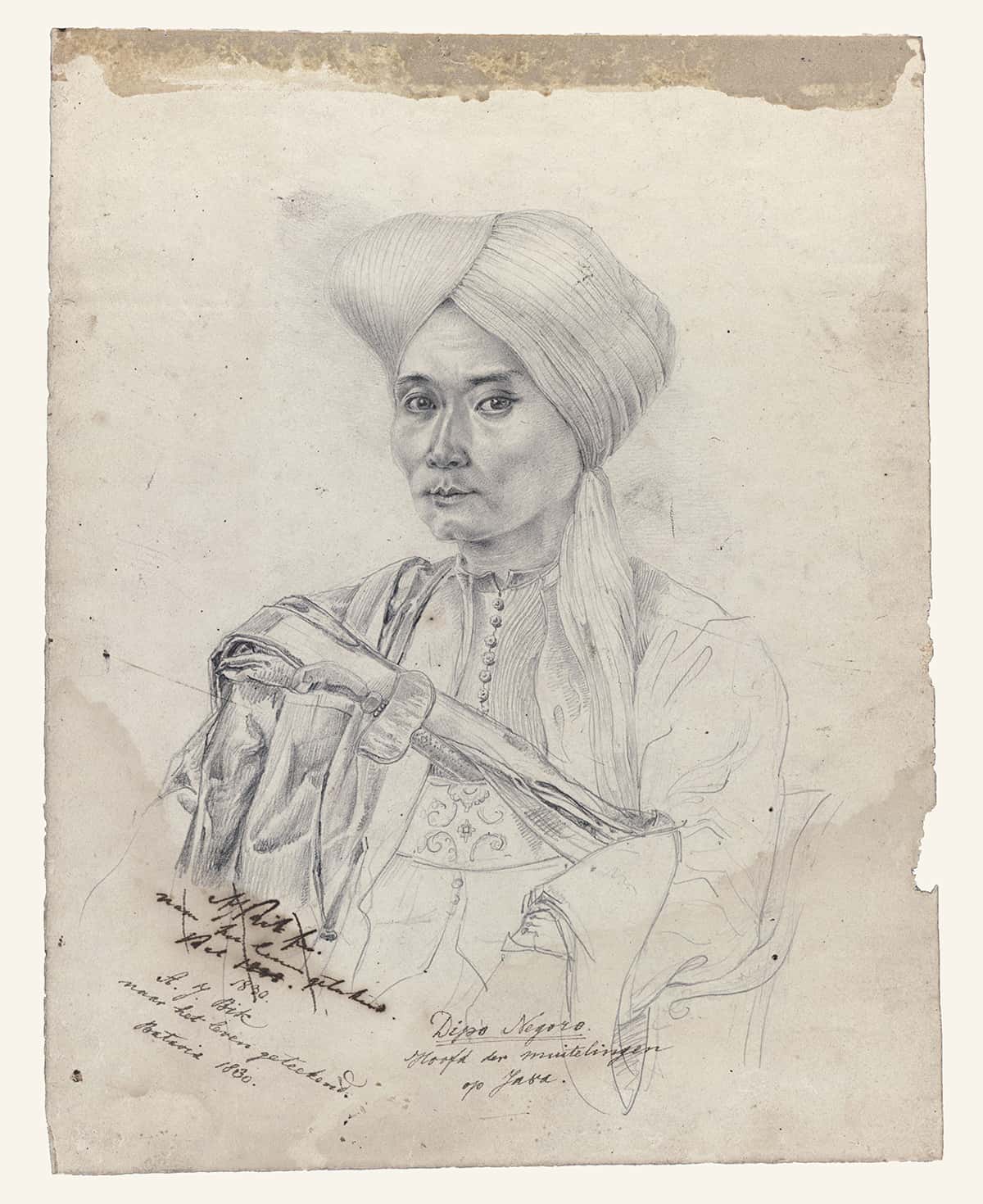 Portrait from life of Prince Diponegoro, pencil sketch on paper by Adrianus Johannes Bik, Batavia 1830