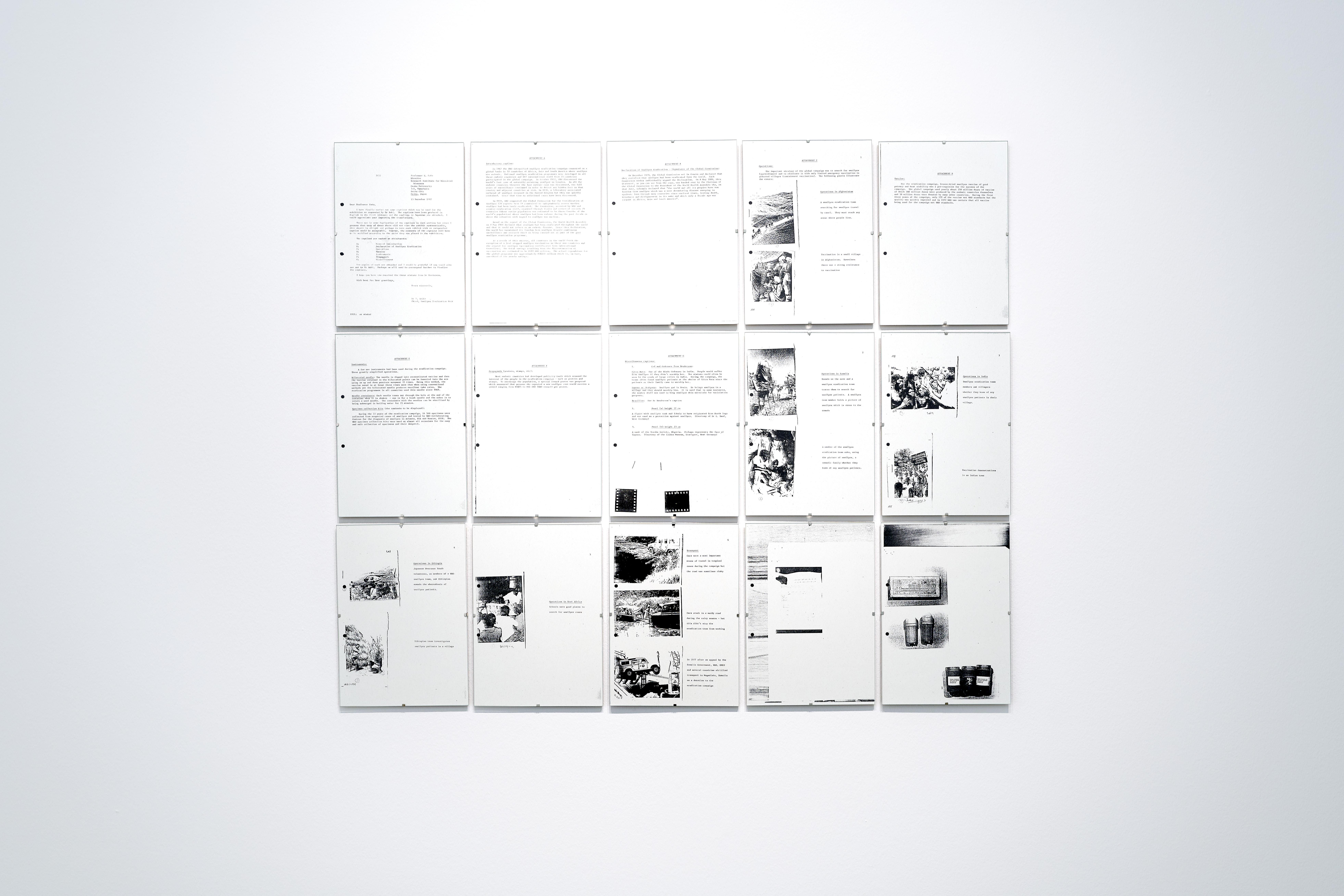 Exhibition captions, 2022. 15 framed risograph prints, 21x29,7 cm each. Documents courtesy: WHO Archive. Courtesy: the artist. Photo: Günter Kresser