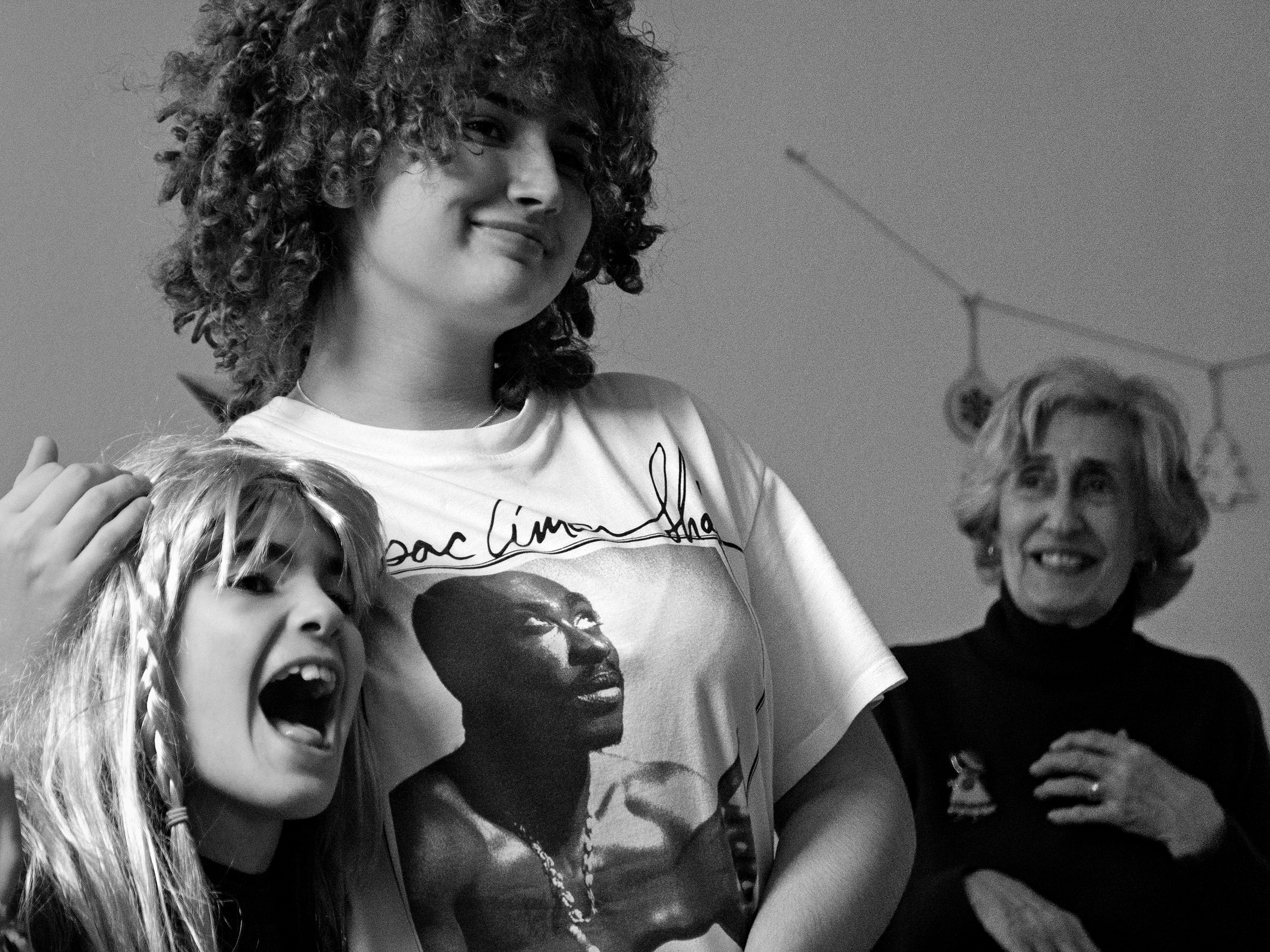 Wigged nieces and mother (Irati & Lucia & Tupac & Marian)Sarriguren, Navarre, Spain, 2024photography, bw, single