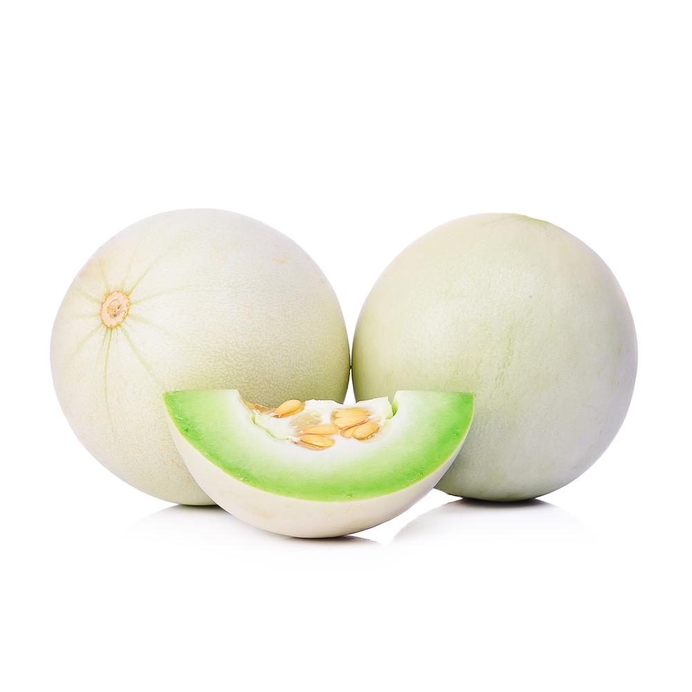 A couple of honeydew with cut pice of honeydew on white background