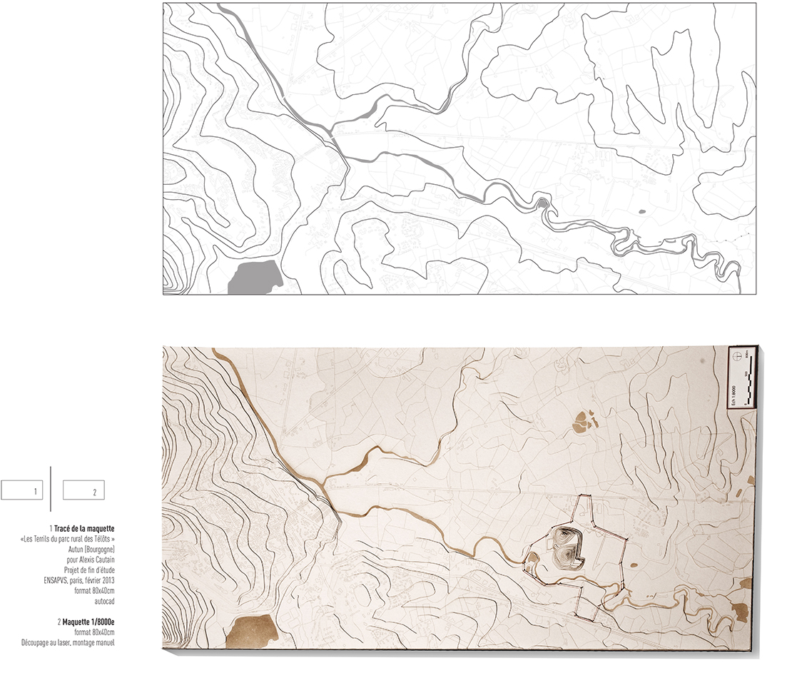 Autun (Bourgogne) «Les terrils du parc rural des Télôts» pour Alexis Cautain, Projet de fin d’étude, ENSAPVS, paris, février 2013, Maquette au 8000e découpée au laser, montée à la main