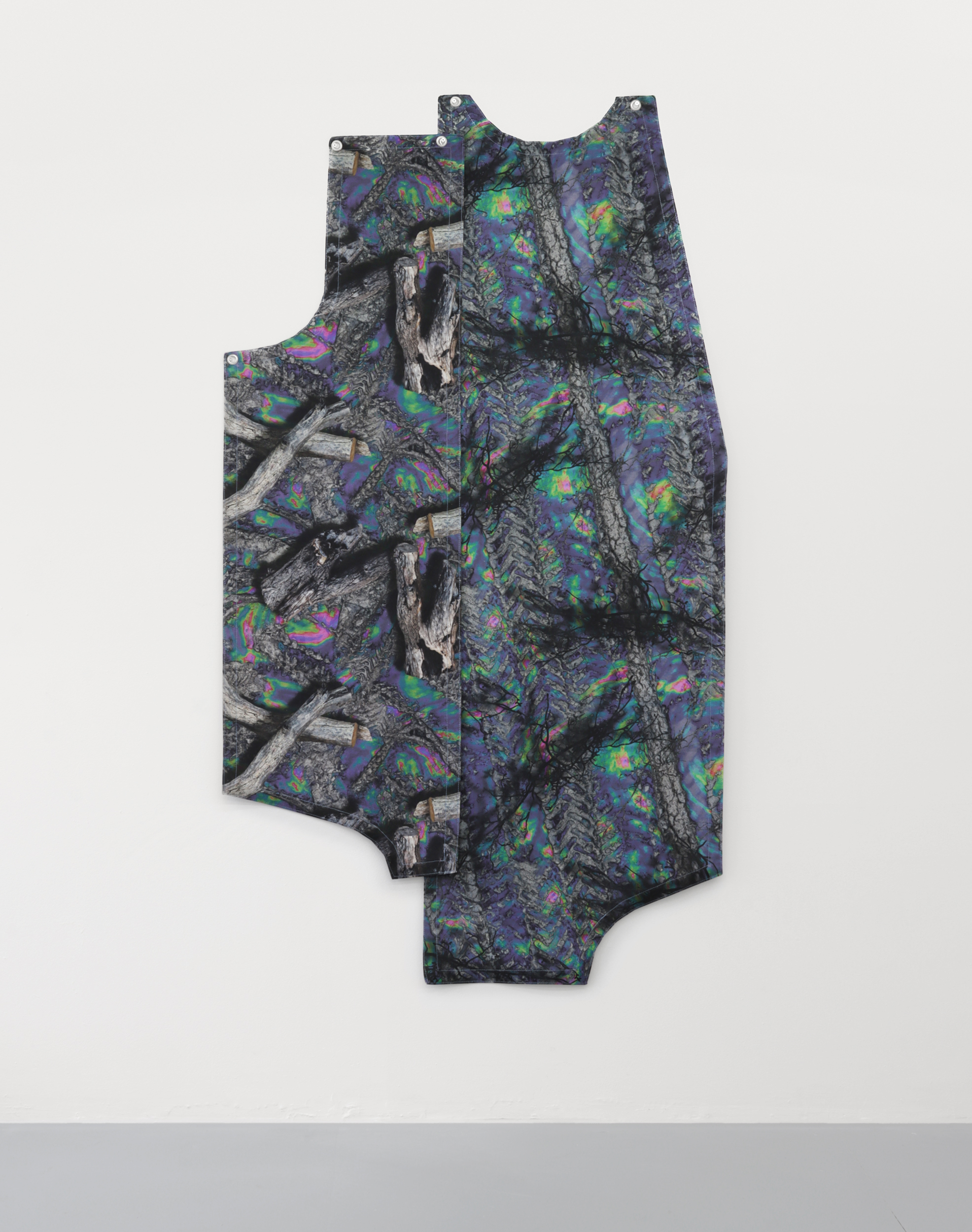 Discounted so it could be equivocated (Hunting camo for syncrude tailings pond), 2023, reactive inkjet print on canvas, grommets, thread, 72 x 40 in. (182 x 102 cm)