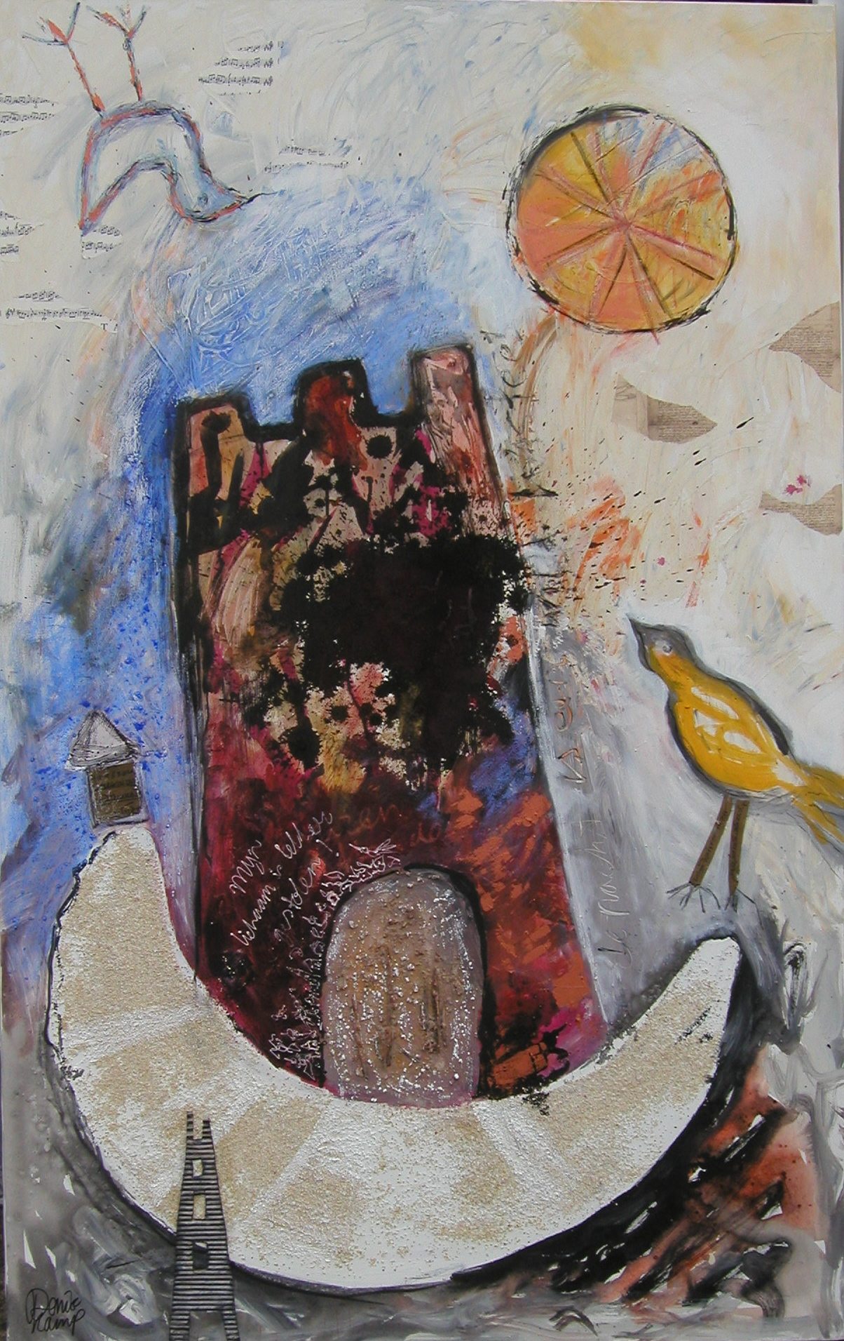 De nacht is een wild kasteel Werk op doek, 2005 170 x 110 cm  Gebruikte technieken: acrylverf, collage, gruis, oliepastel, oost indische inkt, zand. Dit werk is verkocht.