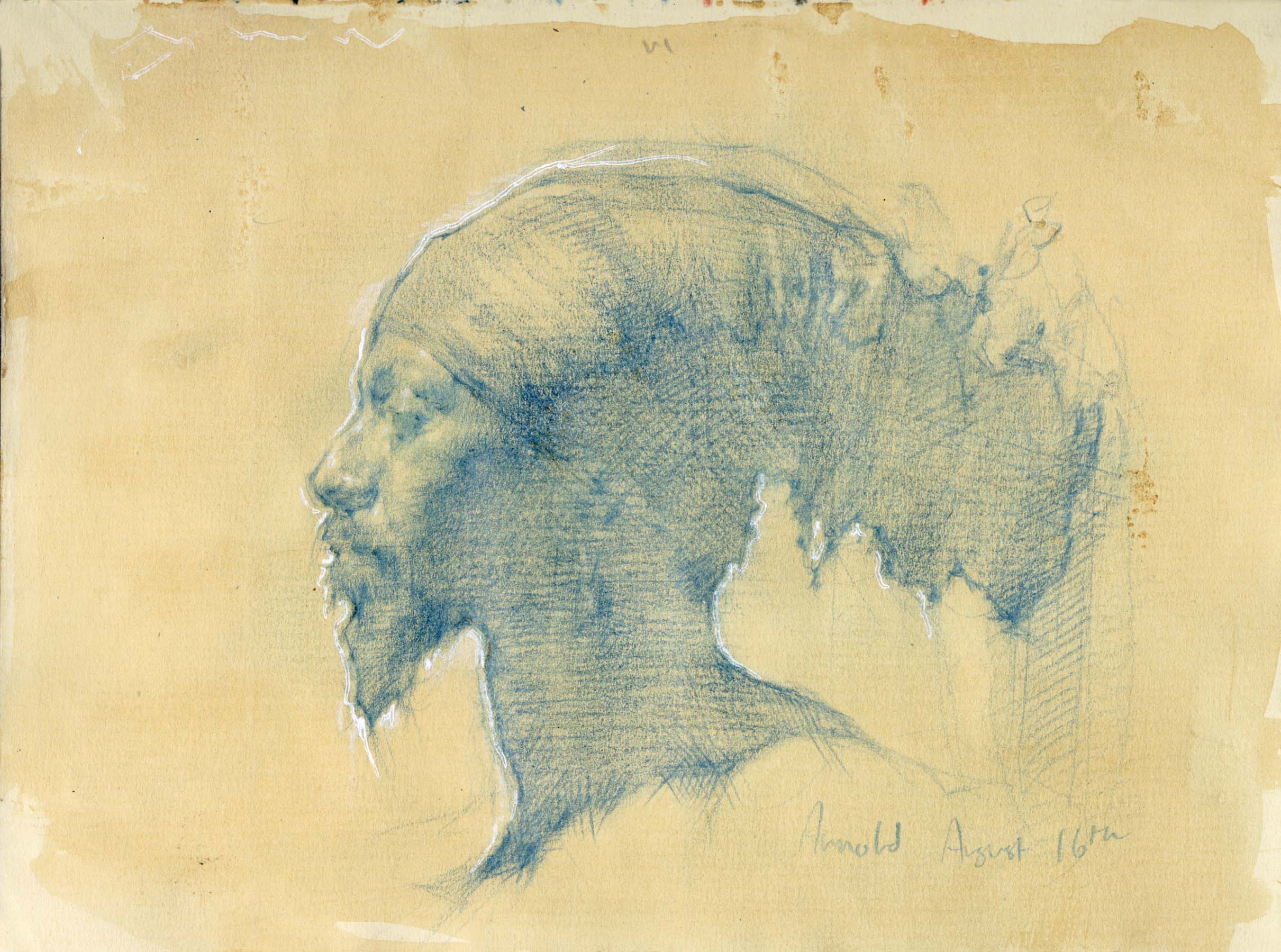 Arnold in Blue, 5x6’’, Blue pencil and watercolor 