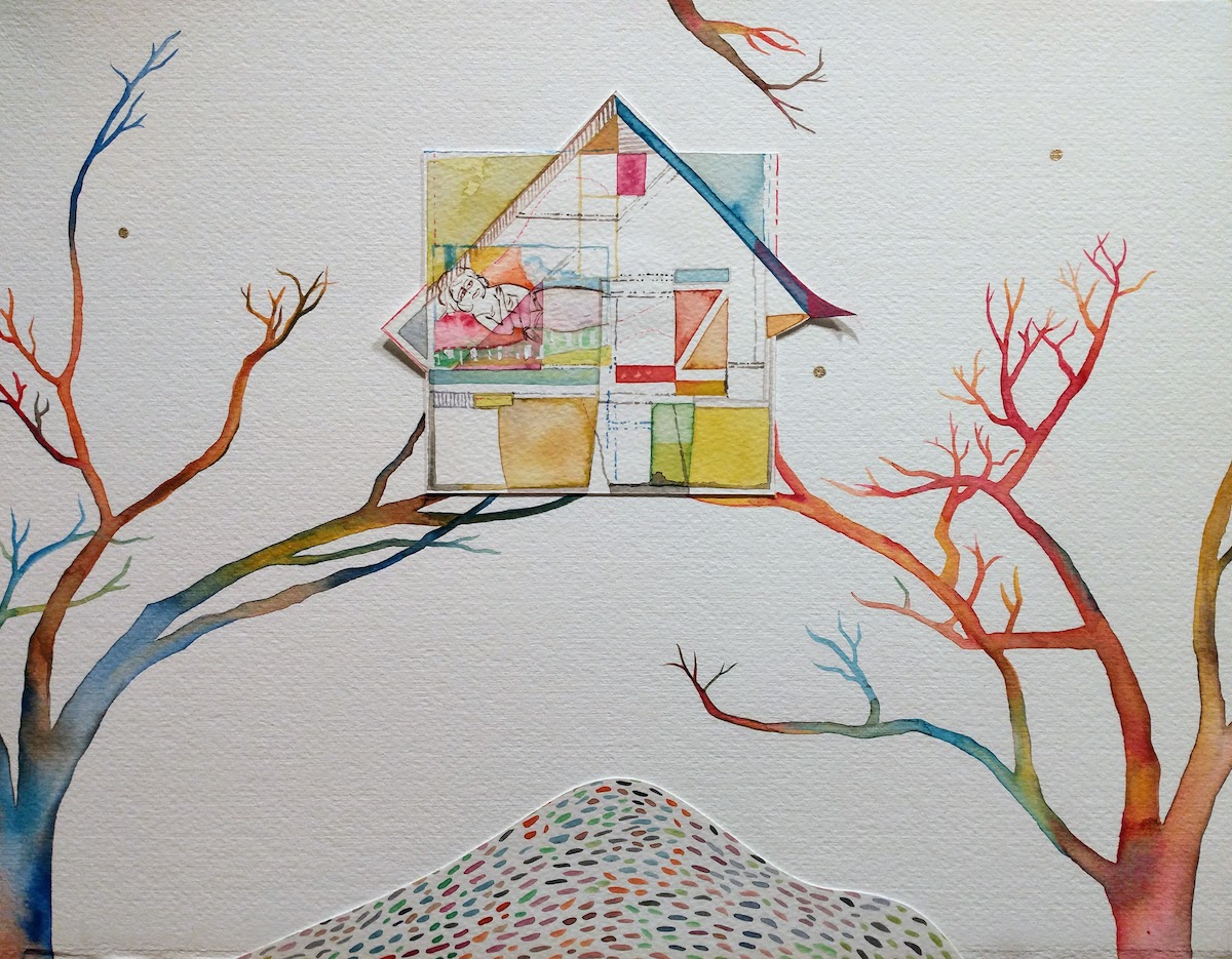 Claire Cowie, Homage to Shadow Time, 2022, Watercolor, collage on paper, 13 1/2 x 16 1/2 framed (sold)