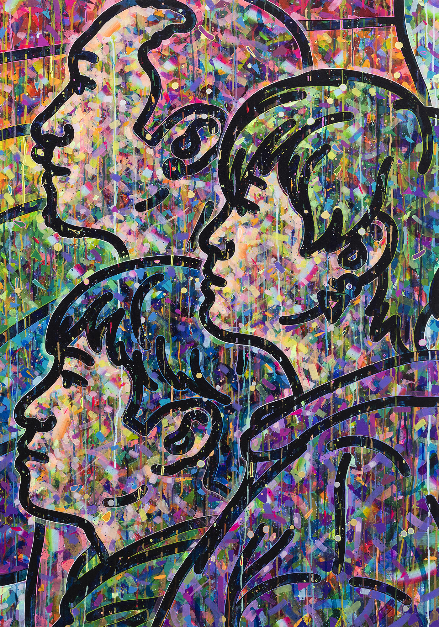 〈The Q #5(정우, 정식, Hayden)〉, 2019, 캔버스에 아크릴, 색연필, 스프레이 페인트, 145.5 &times; 102cmThe Q #5(Jeongwoo, Jeongsik, Hayden), 2019, acrylic, color pencil, spray paint on canvas, 145.5 &times; 102cm