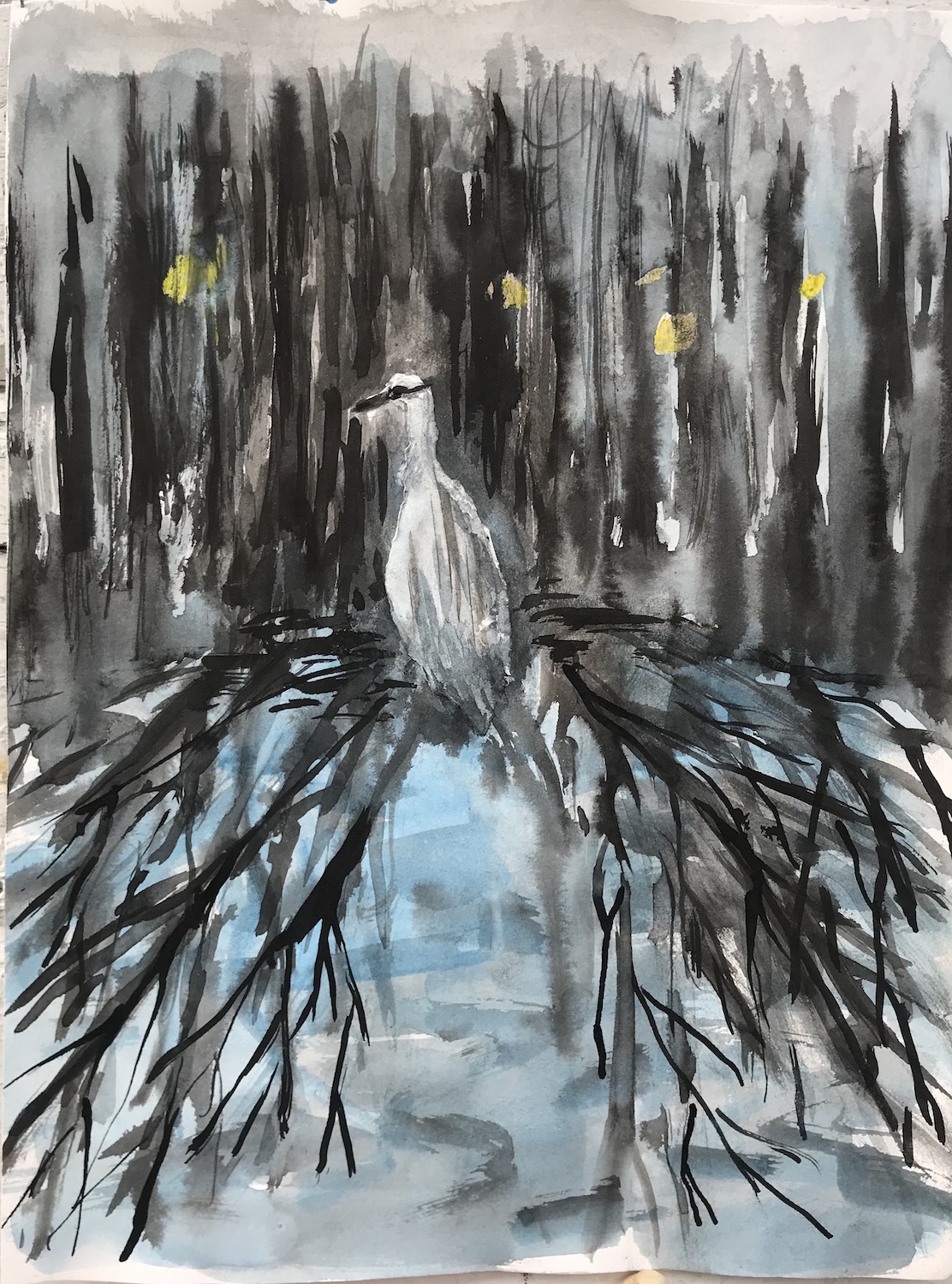 Heron on the Edge of the City (Dusk), 2021, Ink and pastel on paper, 11.8 x 8.8 in. $500