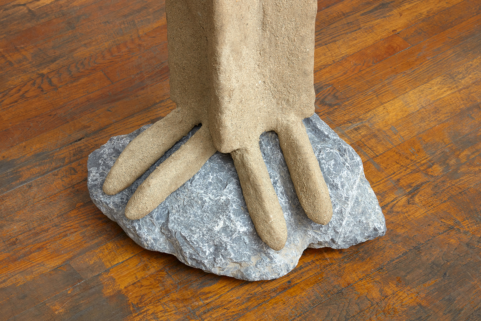 Lovers, 2021, Steel, sand, burlap, polymer, rock, pigeon spikes