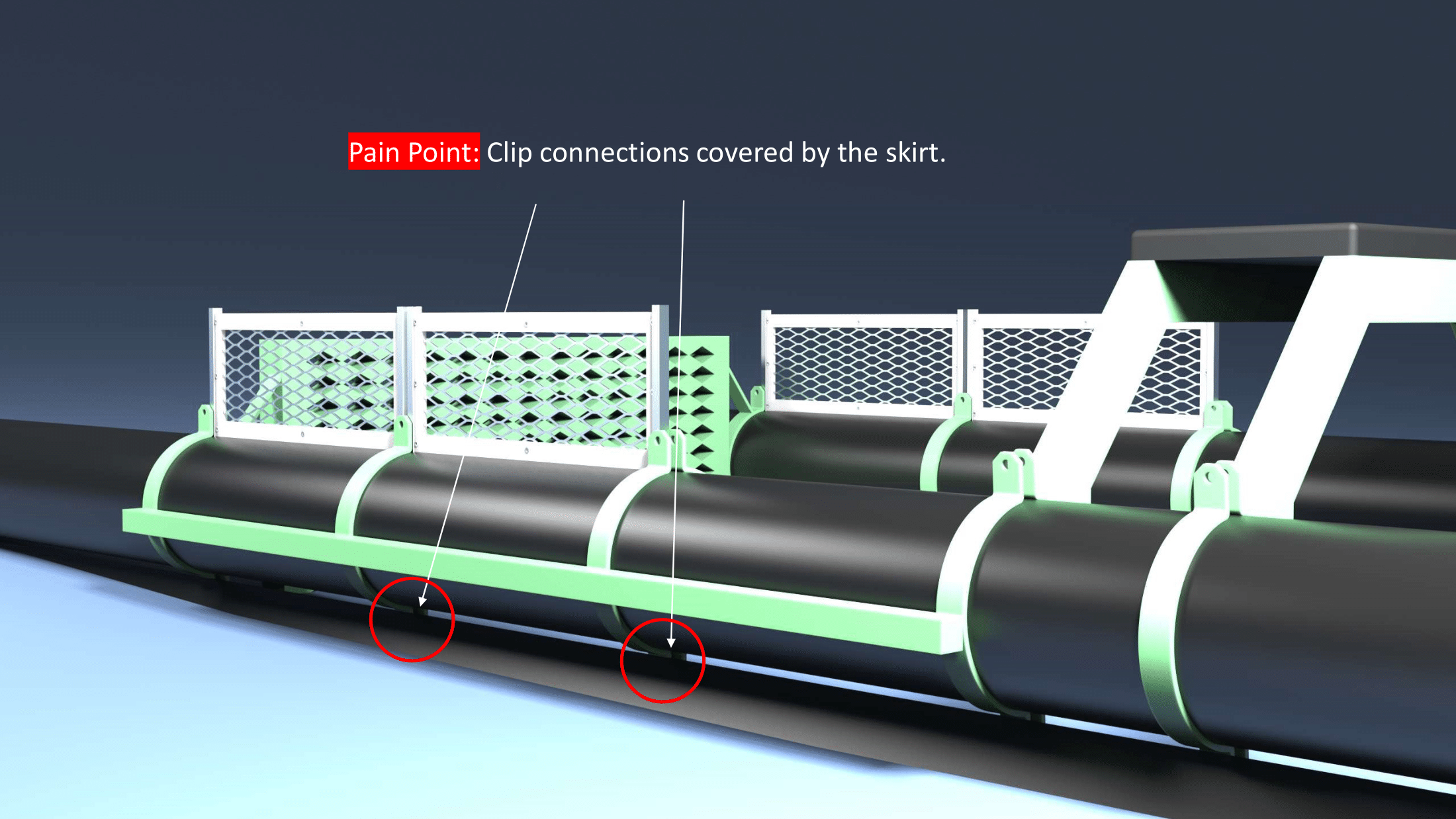 Render of the system with callout for a fabrication pain point