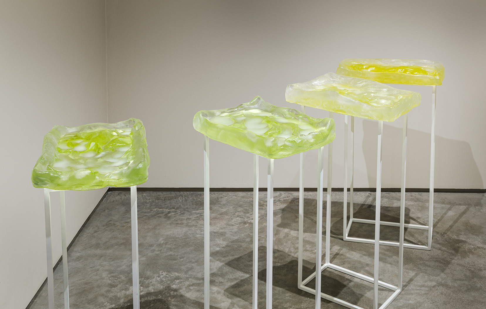 Gyun Hur, "Composition of us and the river," 2021 - present. Casted glass, river water and breastmilk, 18 x 10 x 33 inches each. Photo by Etienne Frossard.