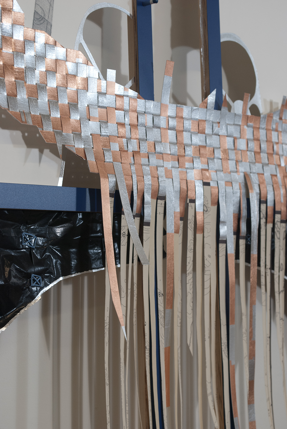 richard and saladin  Graphite, aluminum and copper leaf on paper. Aluminum leaf and embroidery thread on carbon paper. Formica and wood.  2012 - 86 x 49 x 5