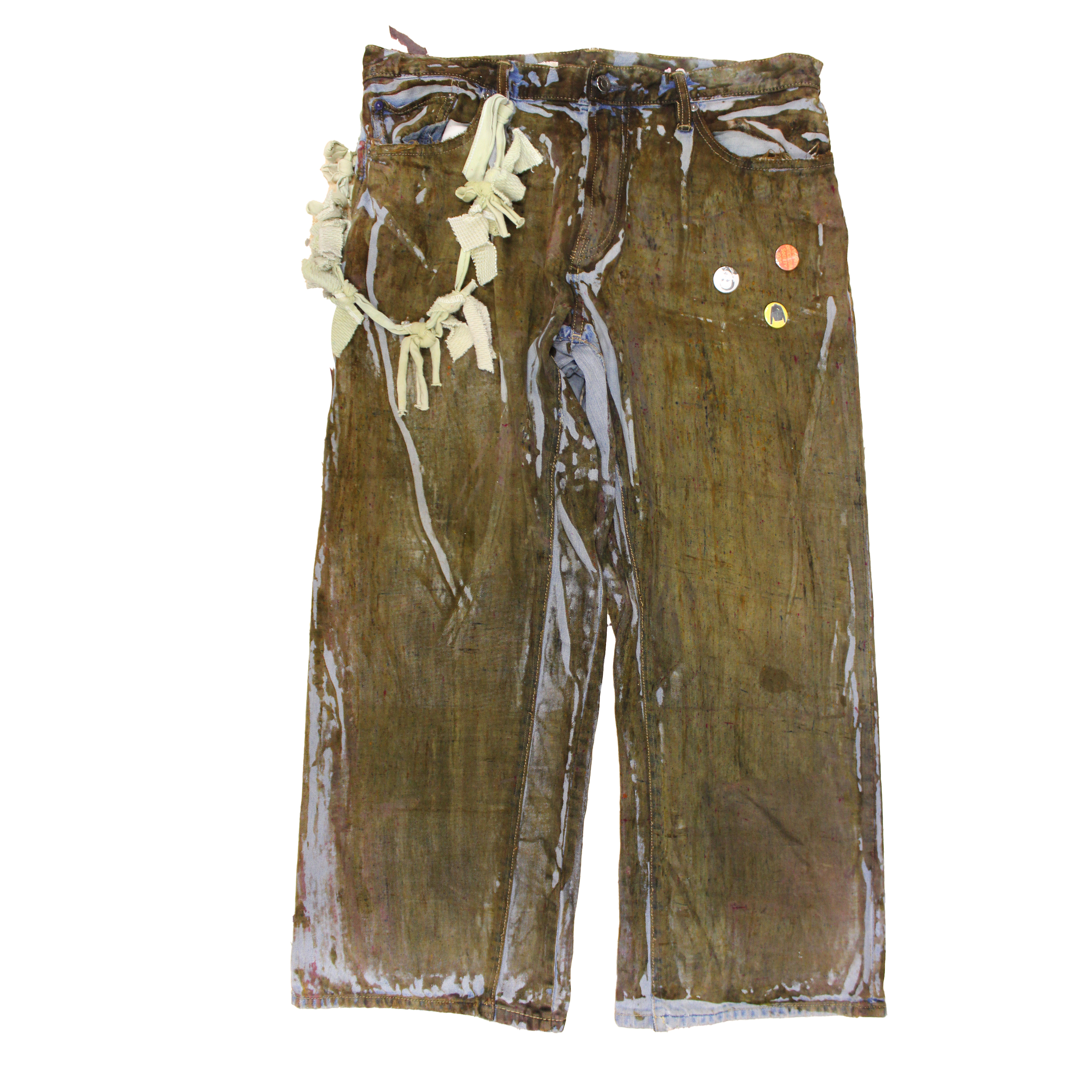 reclaimed vintage surplus denim screen printed with textile dye & various metals. tailored for straight/wide fit. fitted with custom keychain, scrap chain, and leather patches