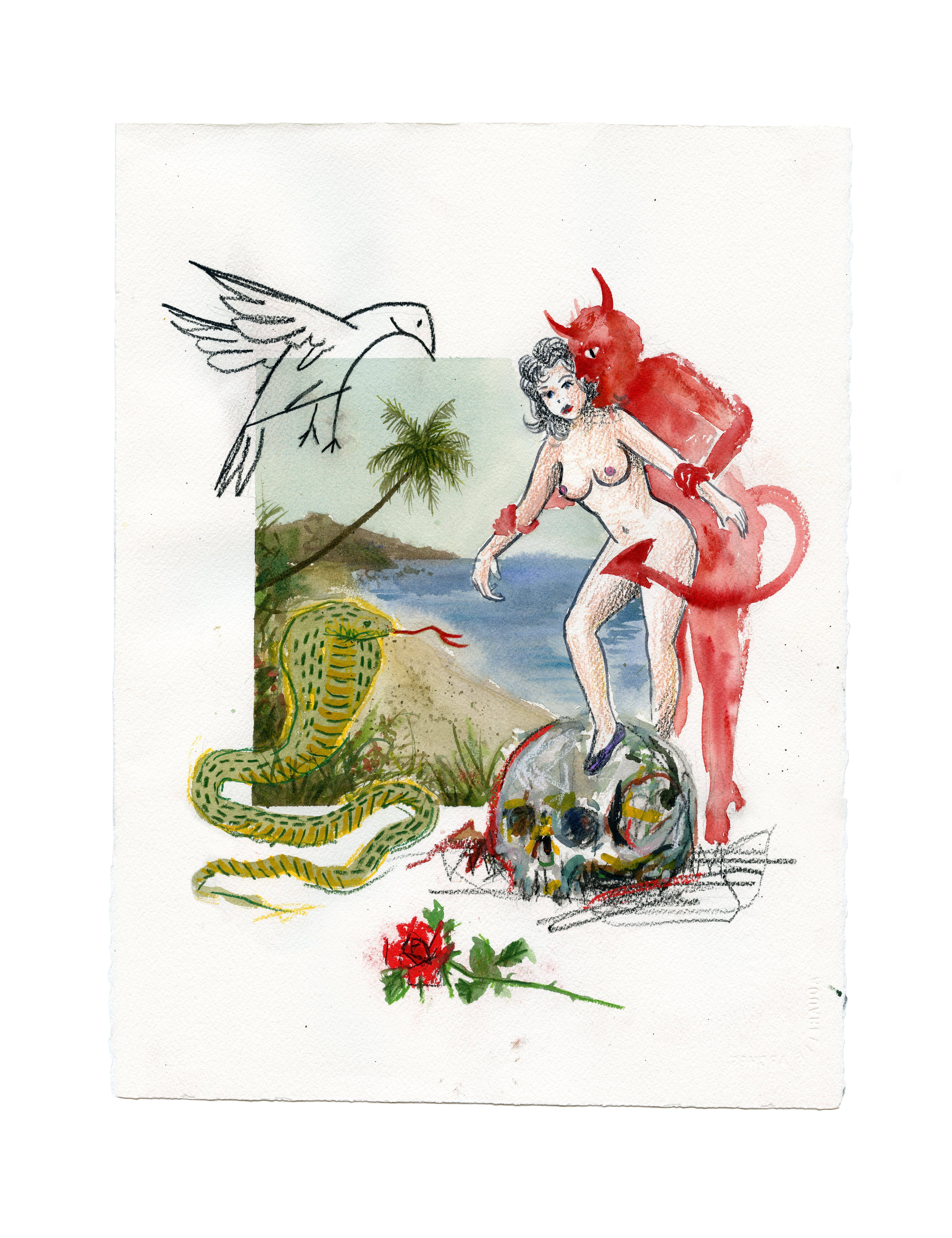 They Trip Through Their Day,&nbsp;2020Watercolor, Colored Pencil, Pastel, and Charcoal on Arches Paper15 x 11 inches (38.1 x 27.9 cm)