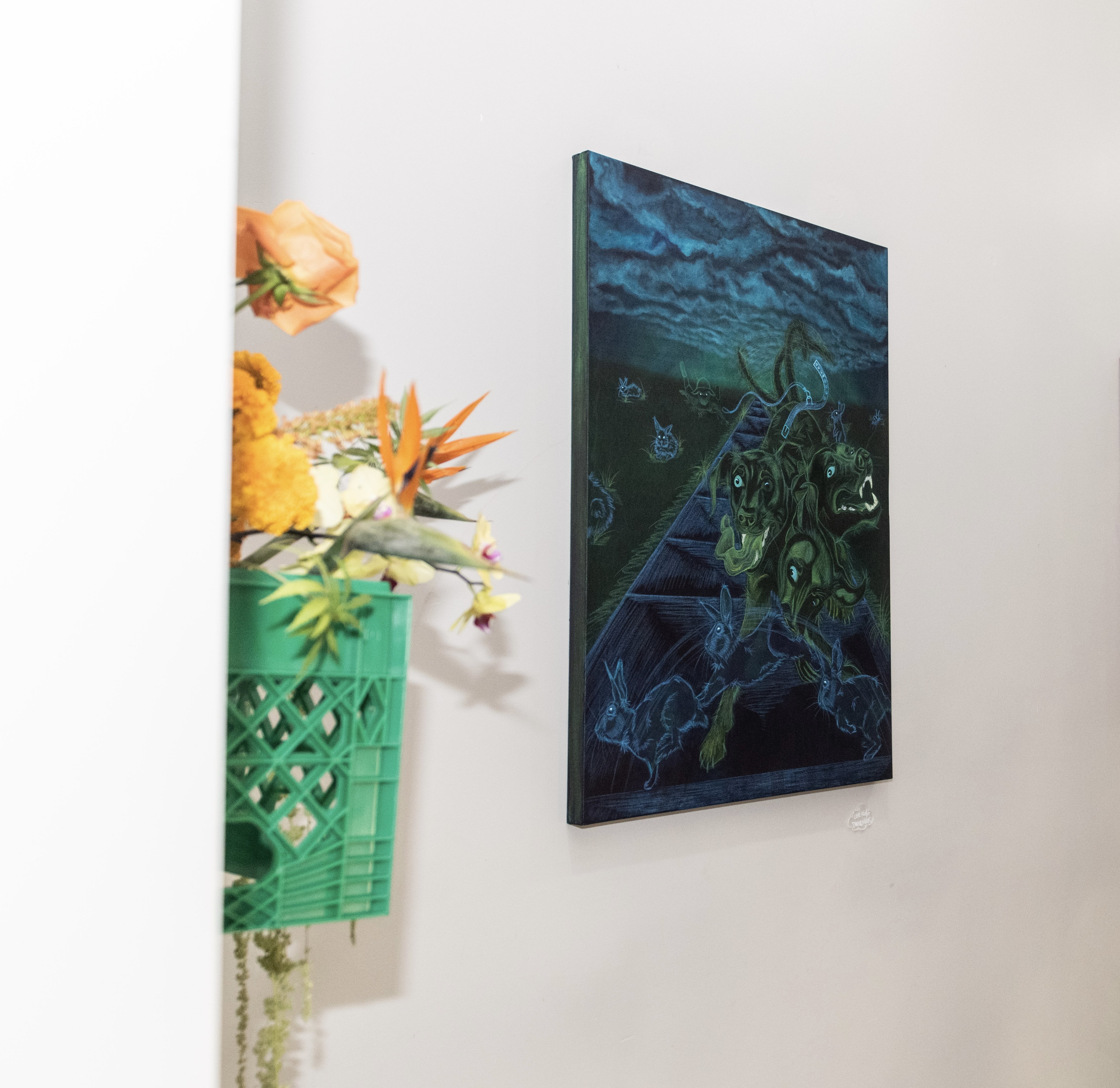 "late night shenanigans", 2023 / 36" x 48" / acrylic + colored pencil on canvas