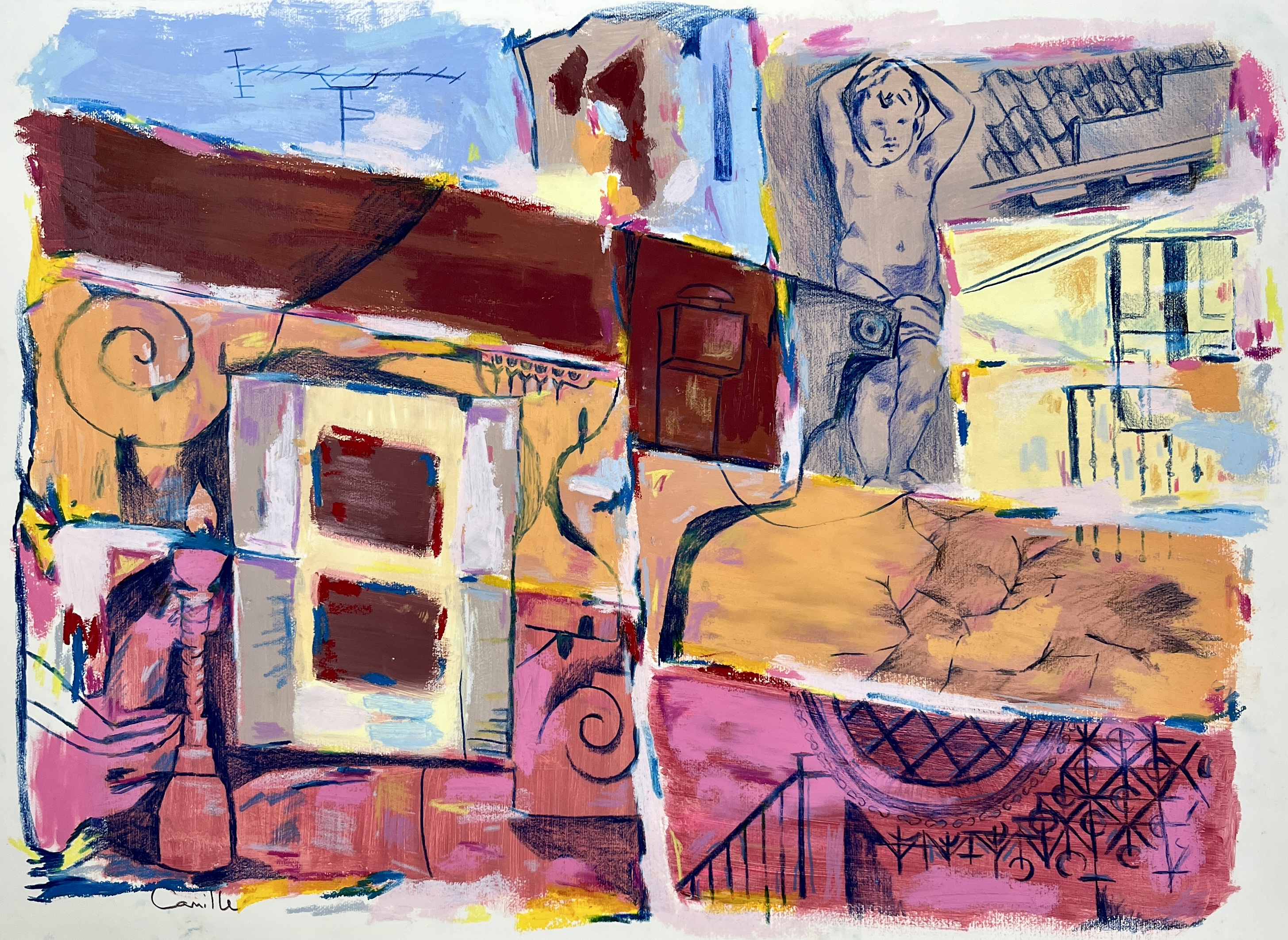 andar pelas ruas ii, 24x30 acrylic oil stick and colored pencil on heavyweight aquarelle.