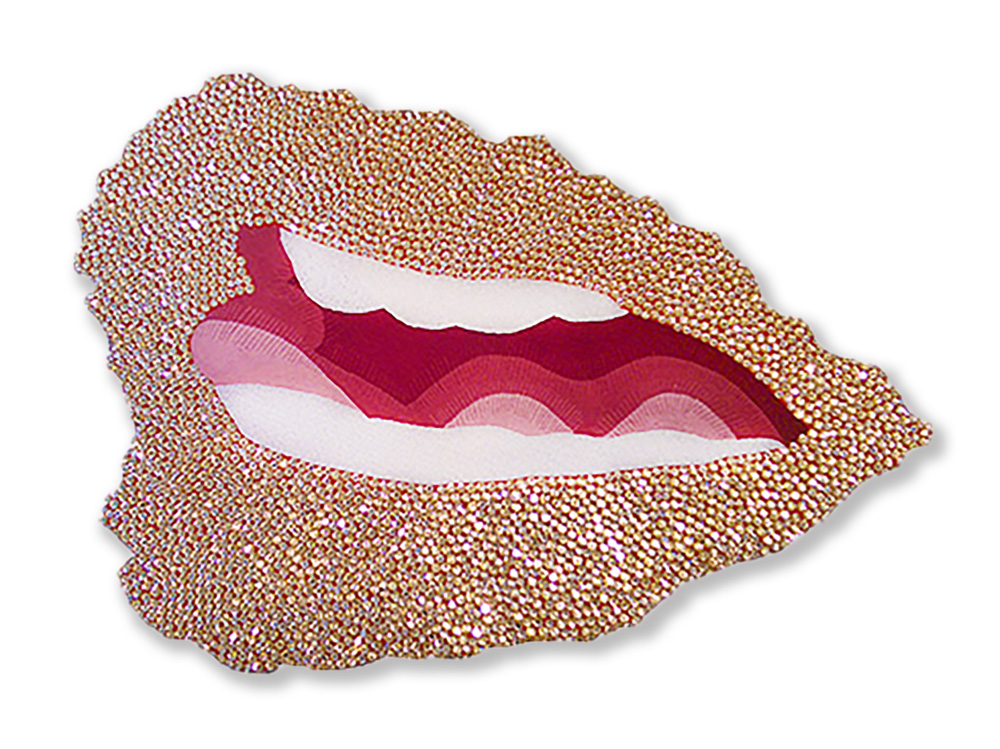  Gold Lips   2014  Beads, embroidery and rhinestones on canvas  28 x 40 x 3 Inches