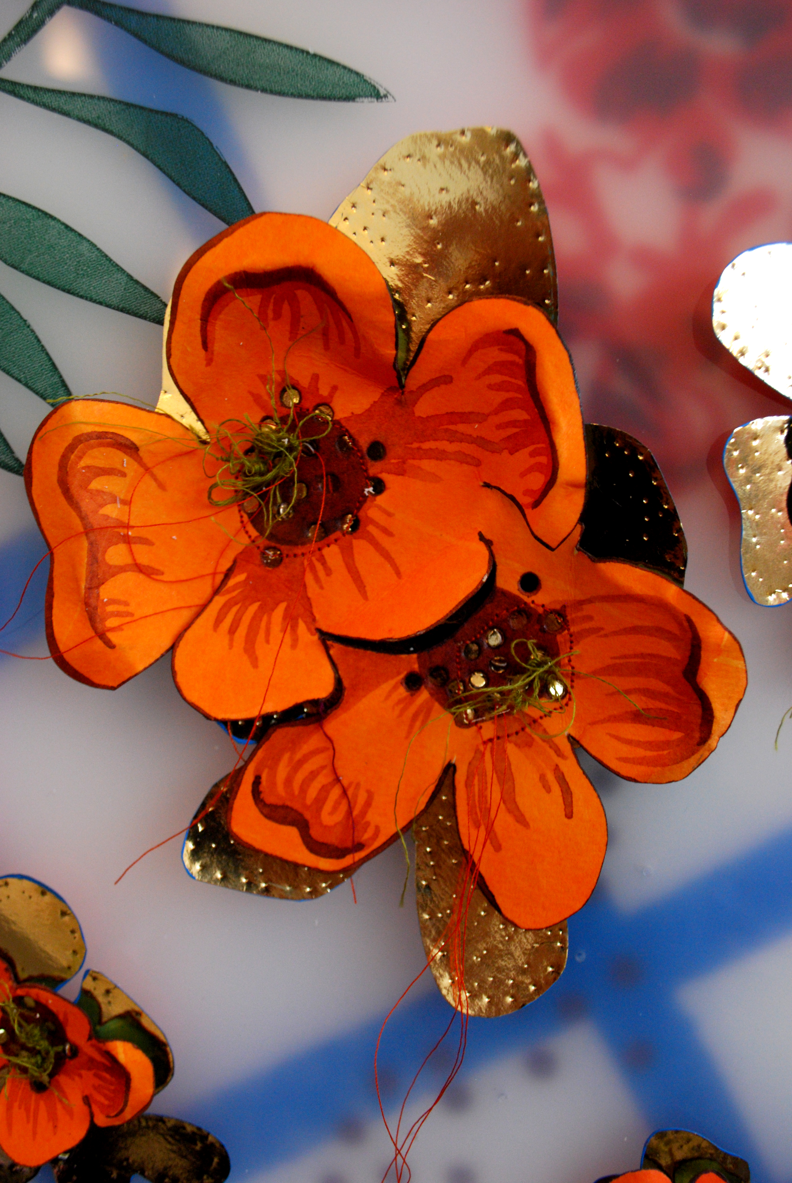 Colour pigment and block printing ink on perspex with thread and collage flowers (detail) | 2012