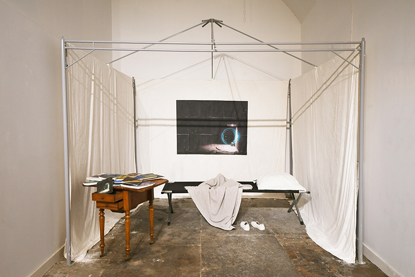 Groundhog dog, 2021, variable dimensions, variable dimensions, metal, old wood furniture, folding bed, plaster, sheets, set of oil paintings on plaster