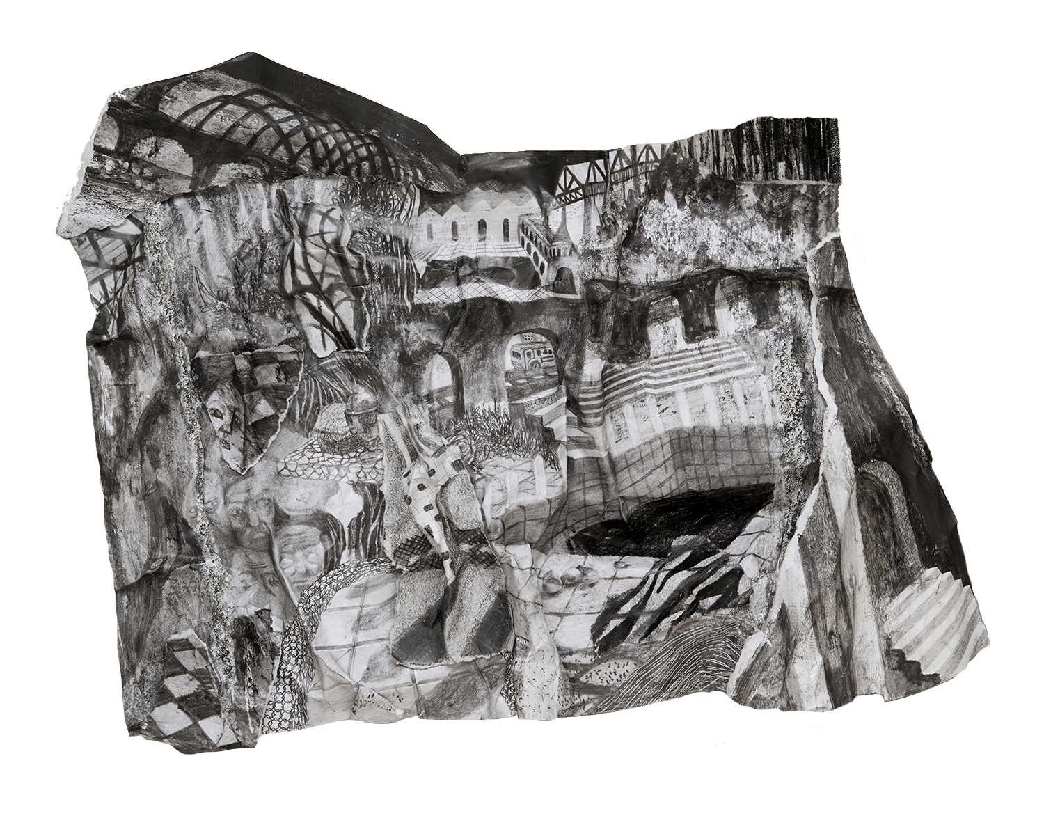 오므려 쥔 땅 2, 2022, 종이에 흑연, 혼합재료, 콜라주, 35.5x42.5cm