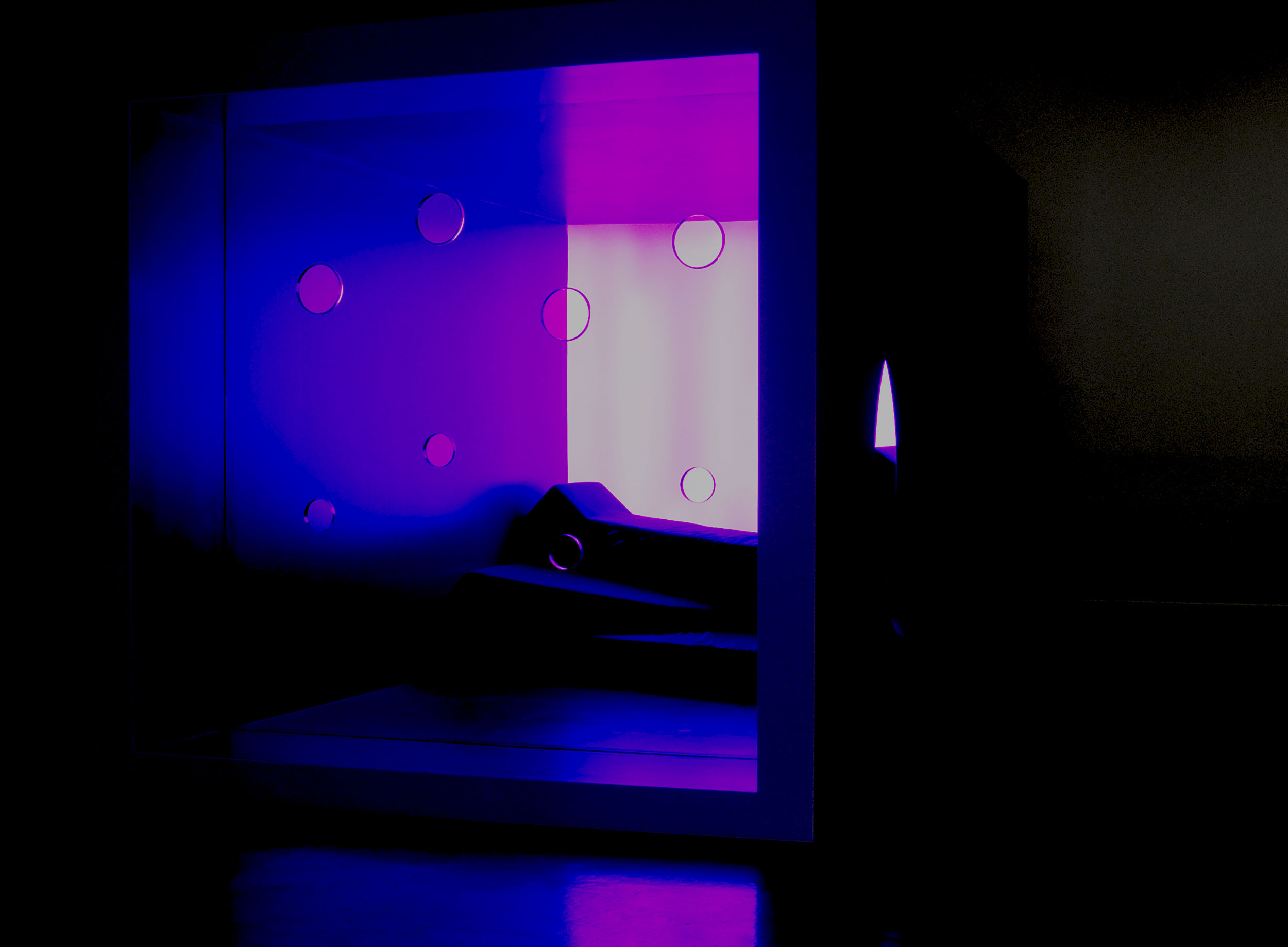Purple Box 2010 Perspex, wood, MDF, fluorescent tubes, fabric and scent 220 × 220 × 370 cm In collaboration with Peter Saville Installation view Galerie Neu, Berlin (28 April – 23 June 2012)