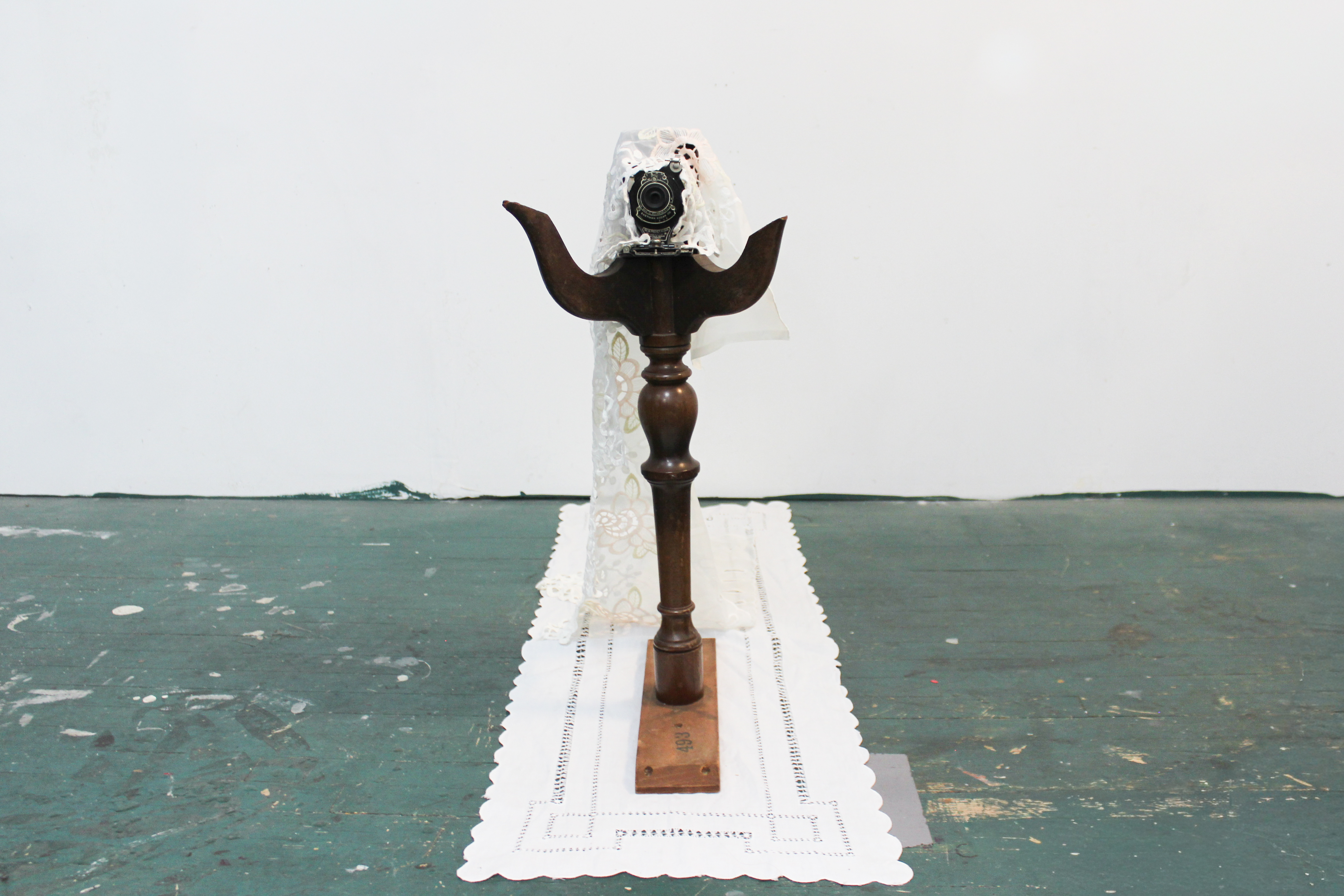 Ginny Laments, 2025, Table, camera, curtain, table runner