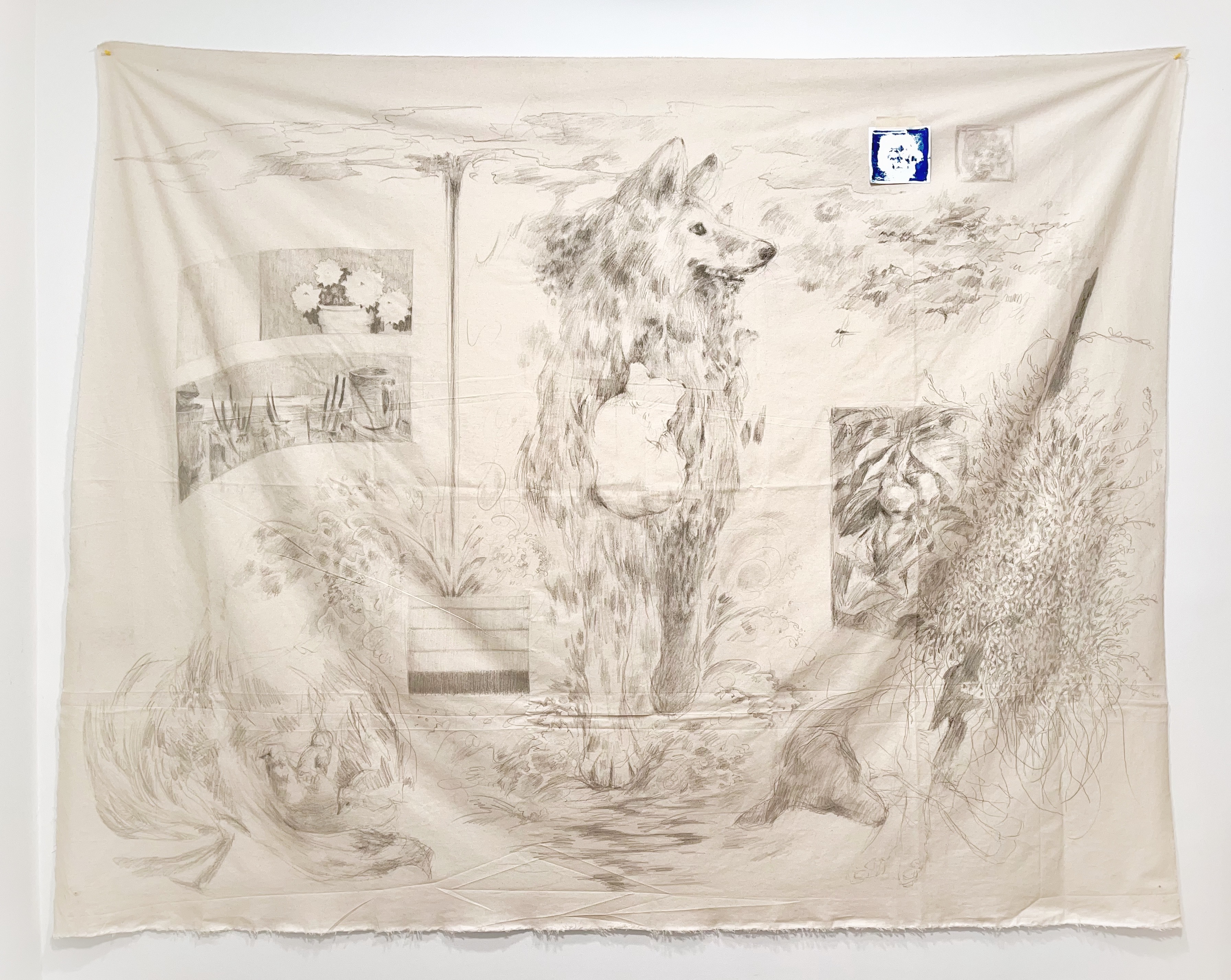 Floodwater Lassie (wandering puppy), 2022. Cyanotype on paper and graphite on canvas, approx. 54”x75”.