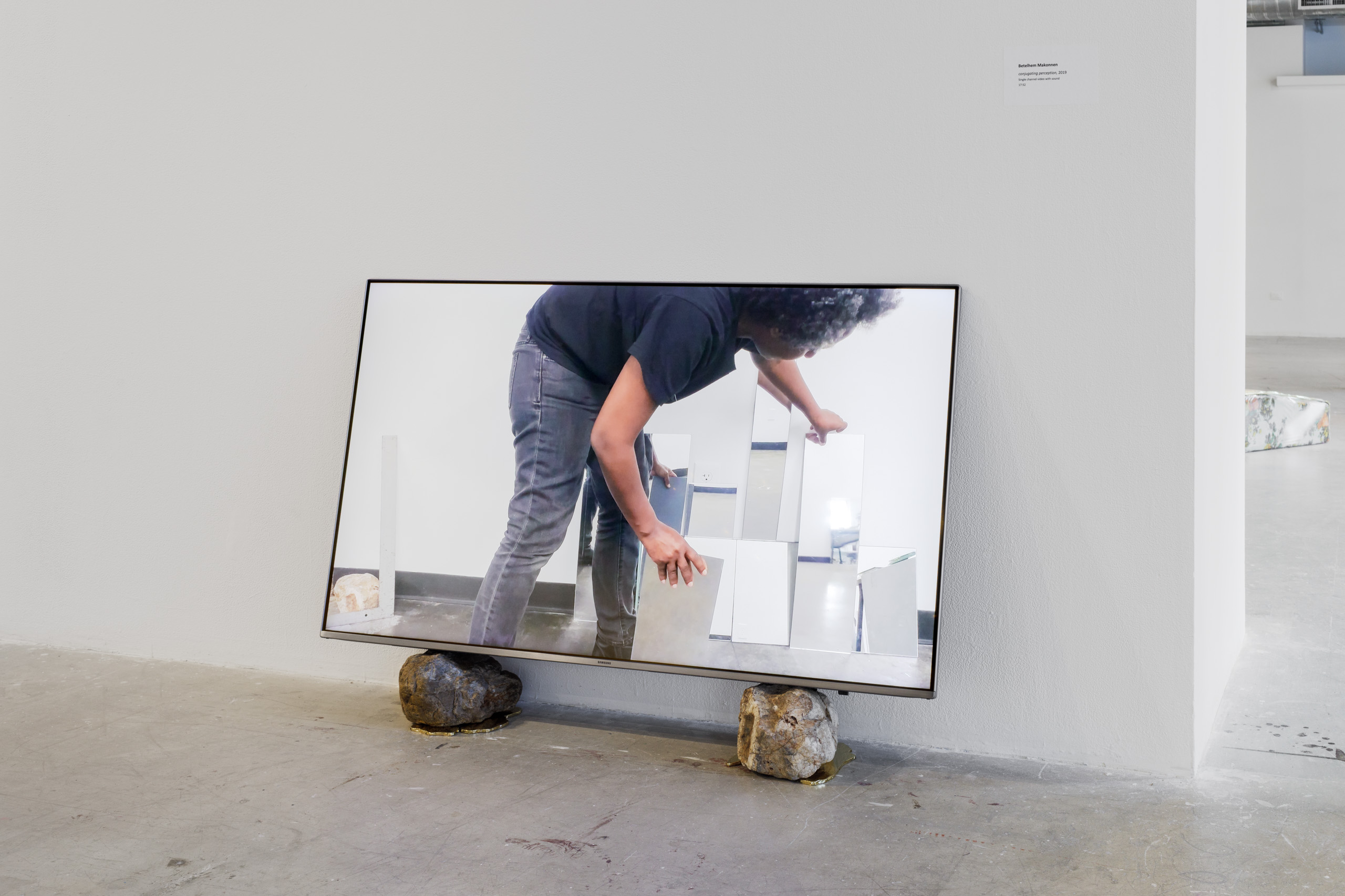 perception conjugation, 2019 video w/ sound, monitor, rocks, gold shadows, 17:52. Photo credit: Dan Miller
