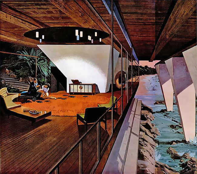 Charles Schridde’s drawing of a couple sitting in the upstairs living room as you see the ocean waves breaking against the side of their home.