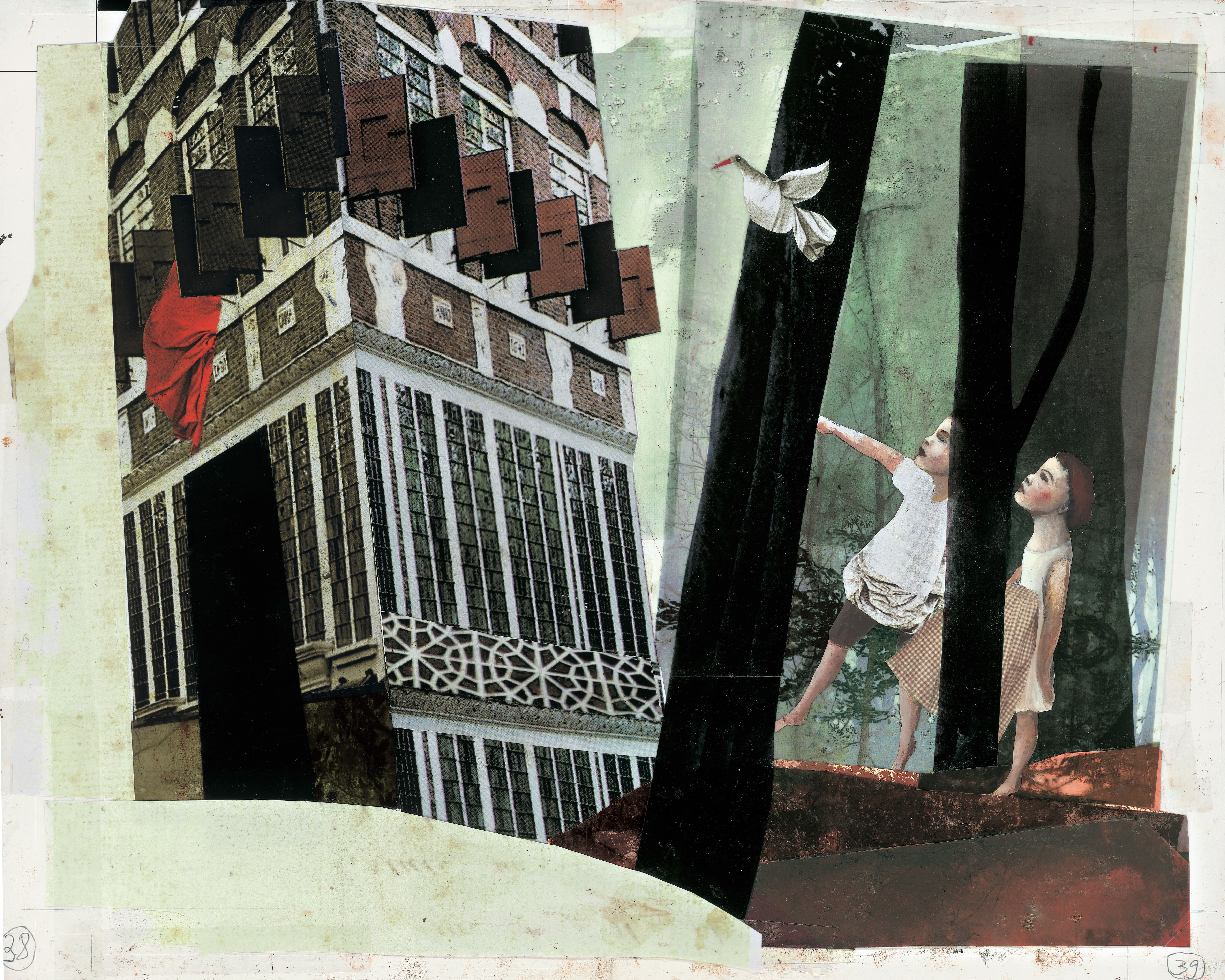 The Witch houseOil paint on paper, collage with photo material, 45 x36 cmSerie: Hansel and Gretel/Text: The Brothers GrimmEditions Être, Paris, Publisher: Hinstorff Verlag, Rostock, 2007