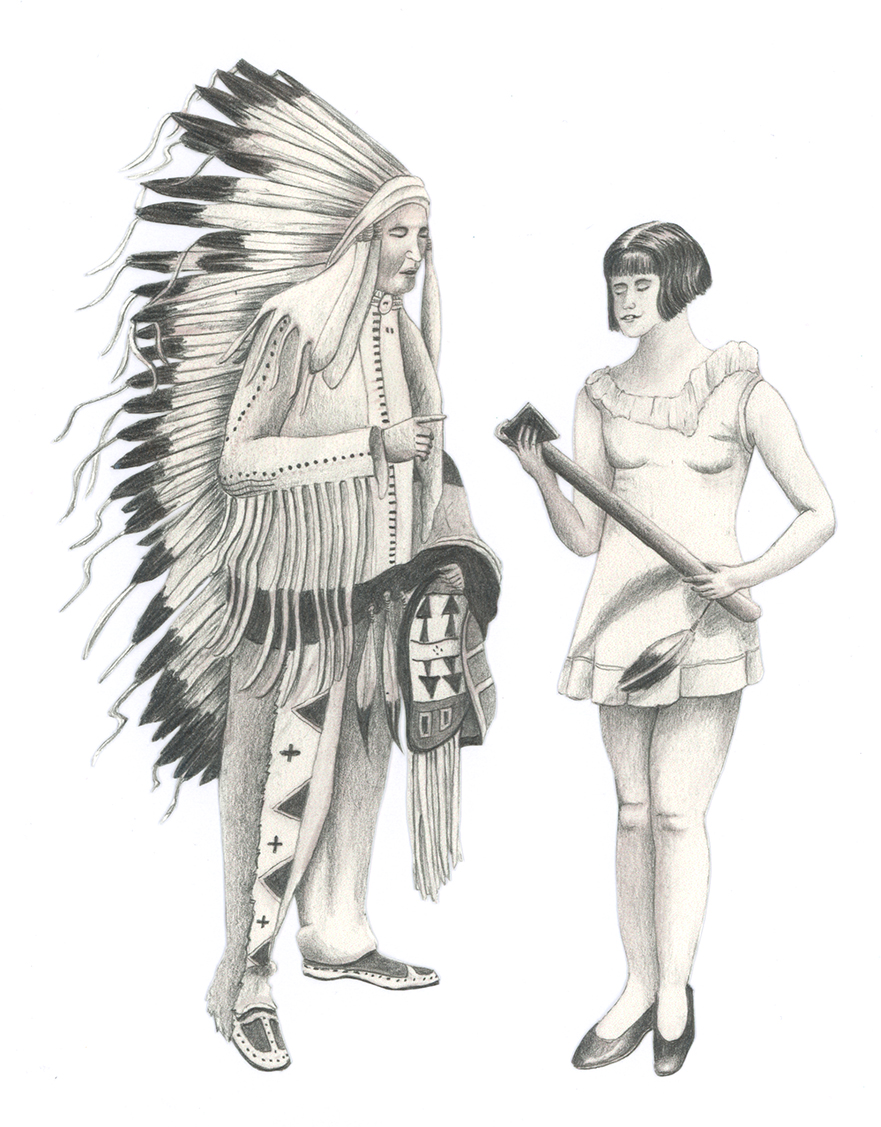 Dr. Charles A. Eastman, with Genevieve Irwin, “Miss Fort Dearborn,” holding a pipe. Photographed at the Birth of Chicago Pageant in 1933