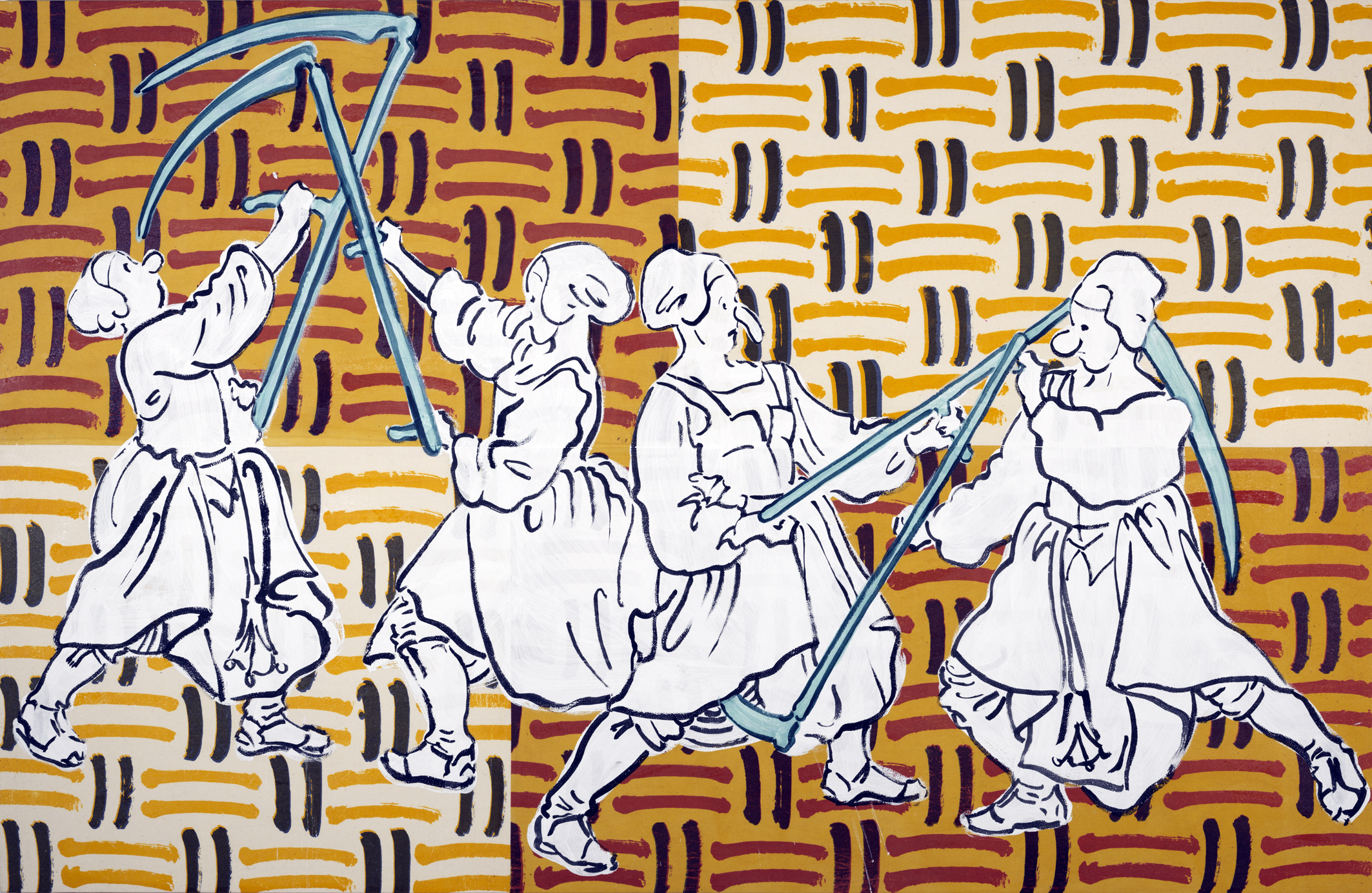 Peasants Fighting with Scythes, 2017, Mayan blue made from woad, ink, and gesso, on calico mordant-printed and dyed with dyer's broom, buckthorn berries, and logwood, on board, 120 x 185cm