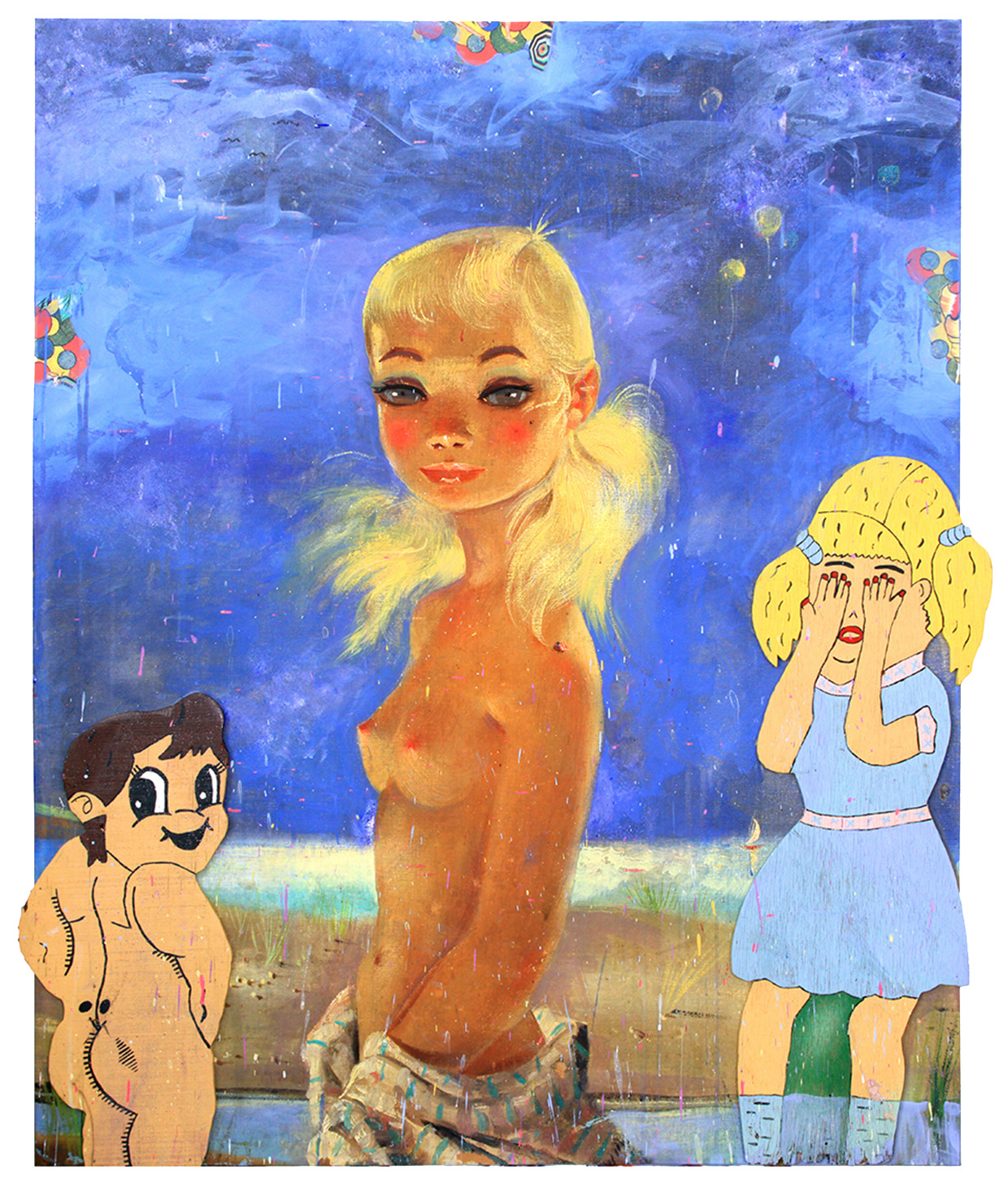 Beach Scene, 2014, Original acrylic, found objects & embellishments on canvas with printed background, 50 x 43 in.