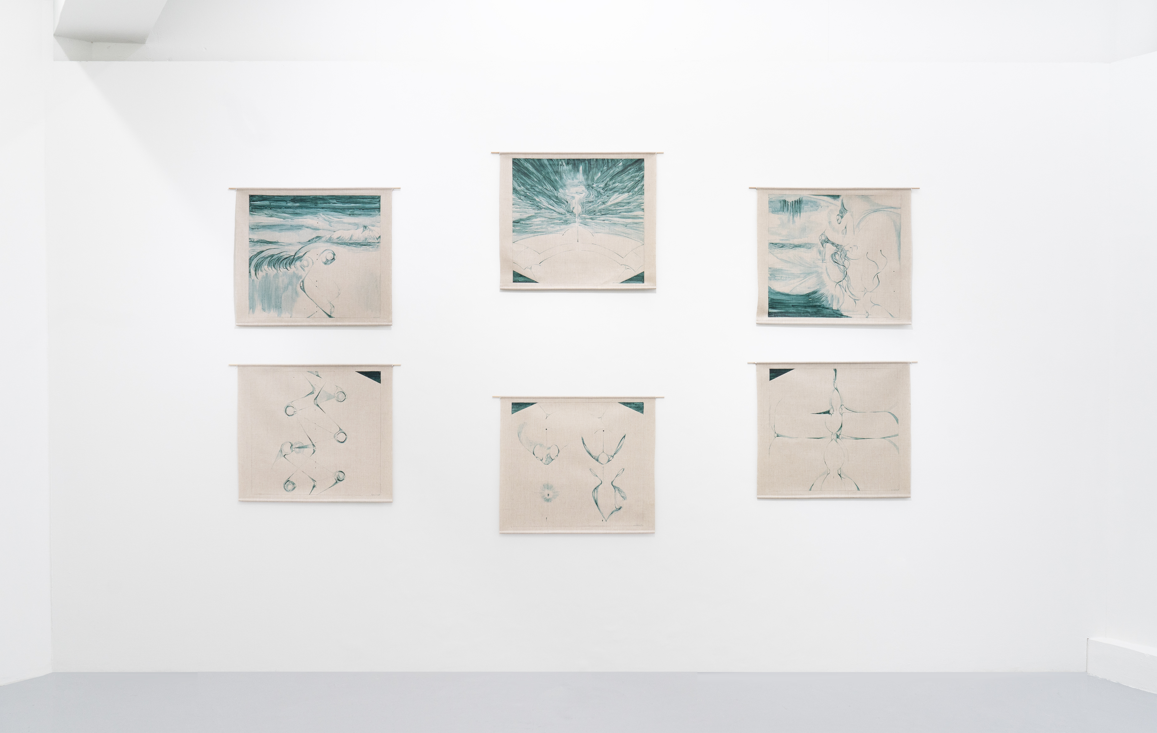 On Observation installation for 자리 Locus(2024), 2024, spirulina on linen, 25.5 x 25.5 in / 65 x 65 cm each