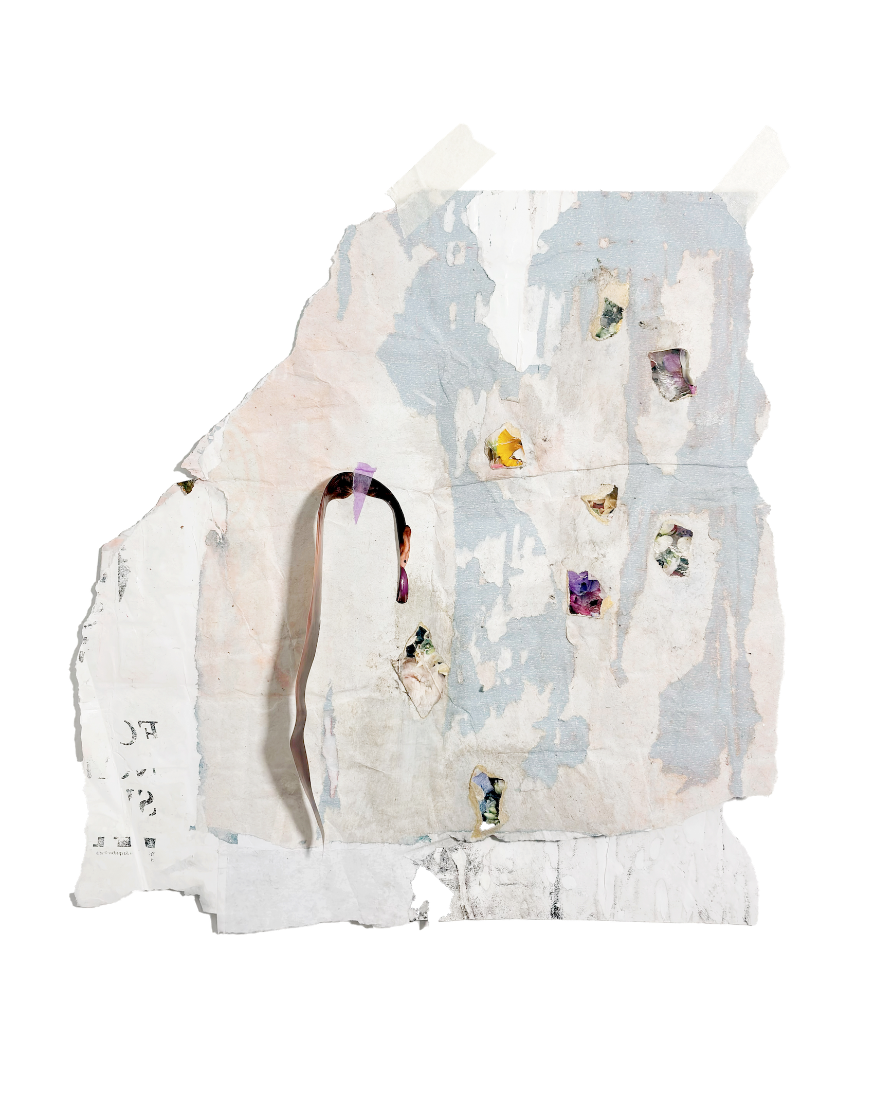 flores, 2025masking tape, magazine and packaging cut-outs, found posters42x38cm