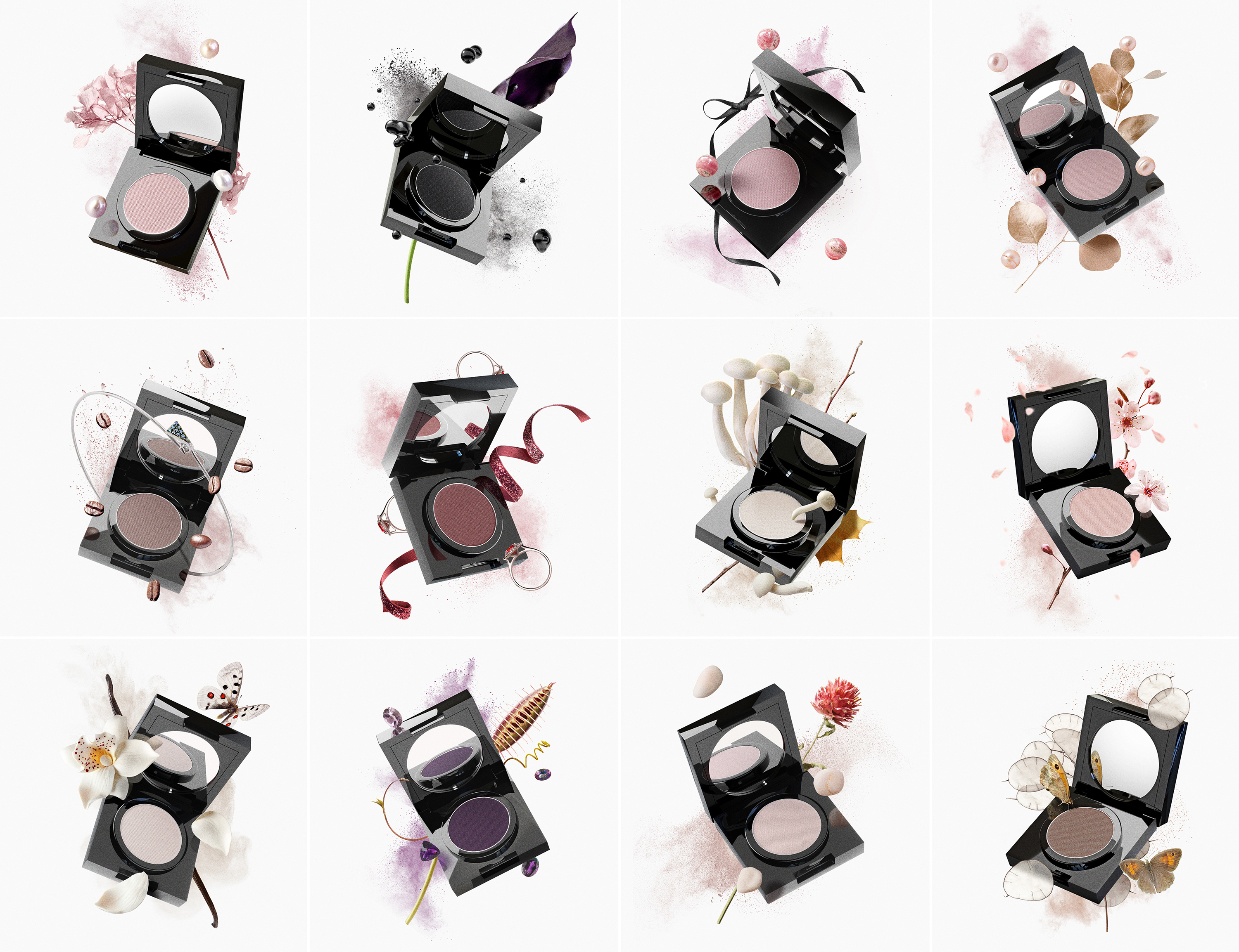 Social media campaign for the eyeshadow products line. Cosmetic product photography. Makeup product styling. Created by Eclectic M Studio.