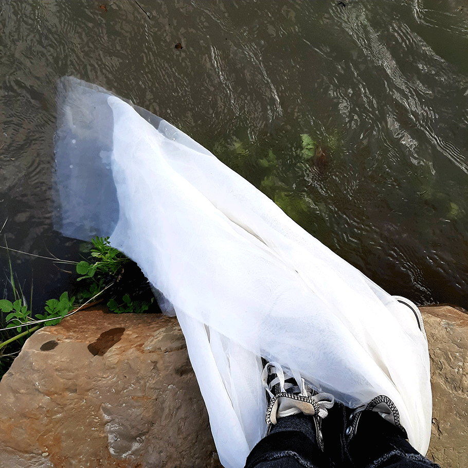 Pictured: Images of the artist dipping a white translucent cloth into the Bow River.