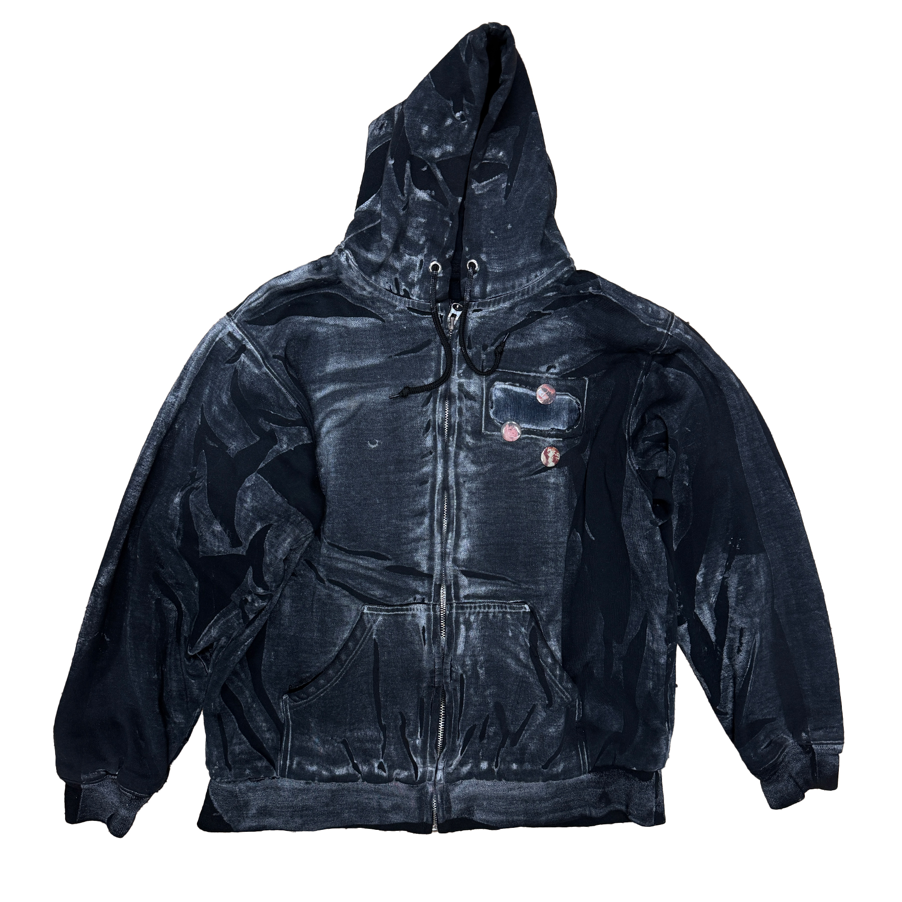 double layer thermal lined zip hoodie allover printed with textile dye, custom repairs allover hoodie, fitted with custom buttons