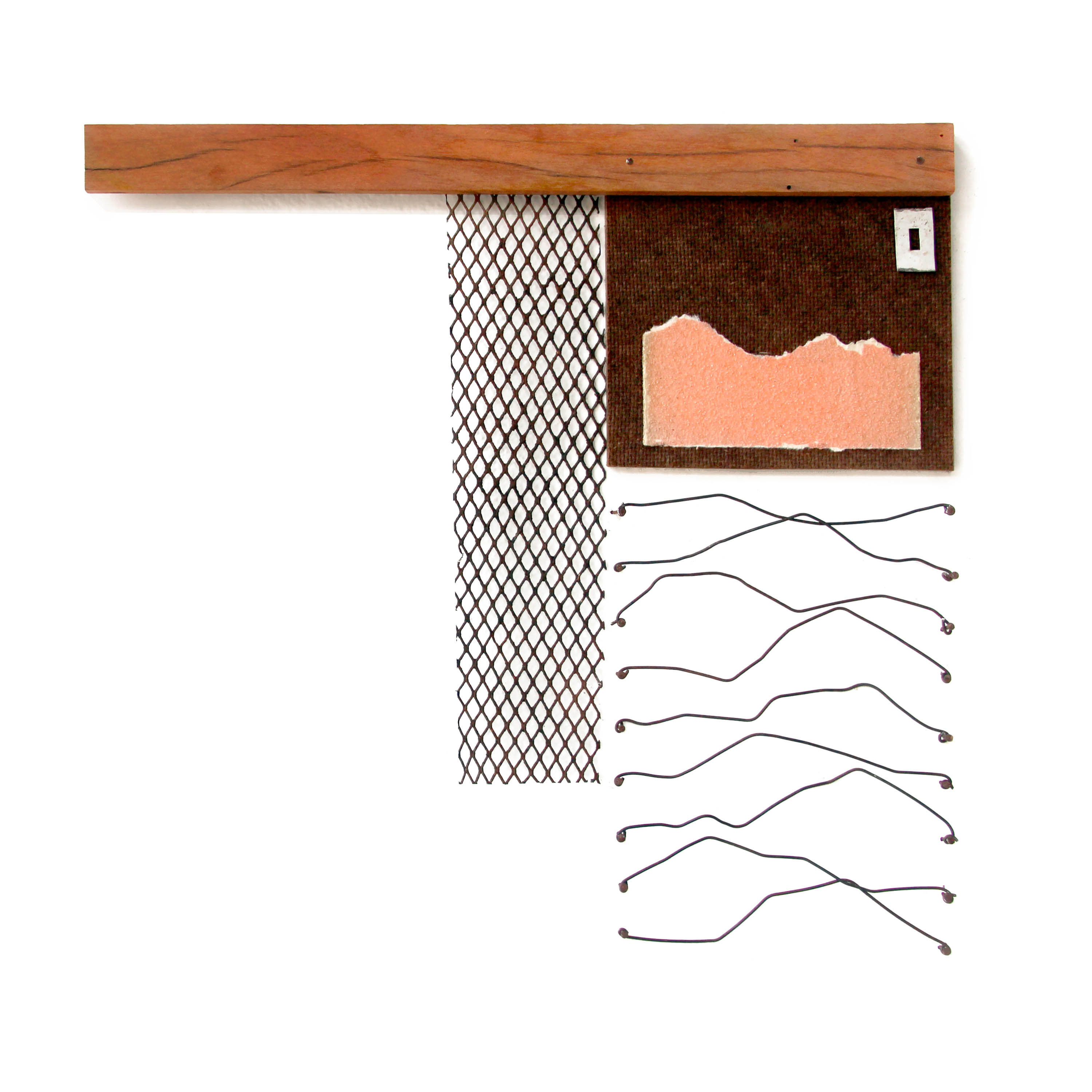 NA PROA DO PÓ, A CALADURA QUE TE AFUNDA - 1Madeira, grade de ferro, arame, prego e lixa. 38x38cm. 2019