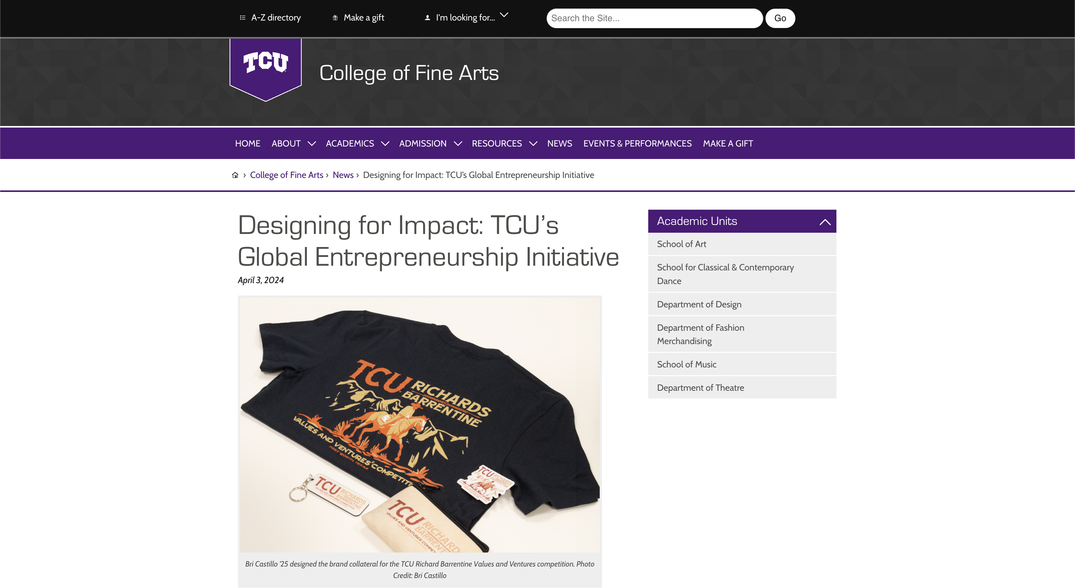 A screen capture of an article written by the TCU College of Fine Arts featuring Bri Castillo and her winning collateral titled "Designing for Impact: TCU's Global Entreprenuership Initiative."
