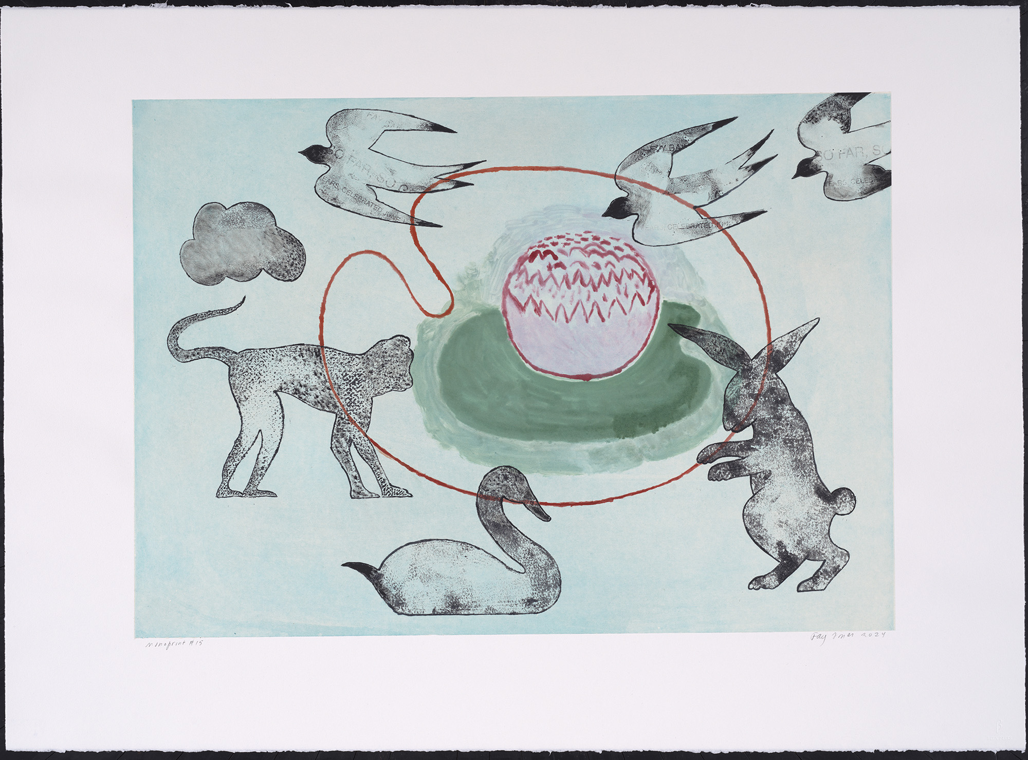 Partial Index of Images (no. 15), 2024, Monoprint with hand painted elements, Image size 19 x 26 3/4 in. Paper size 26 1/4 x 36 in. (sold)