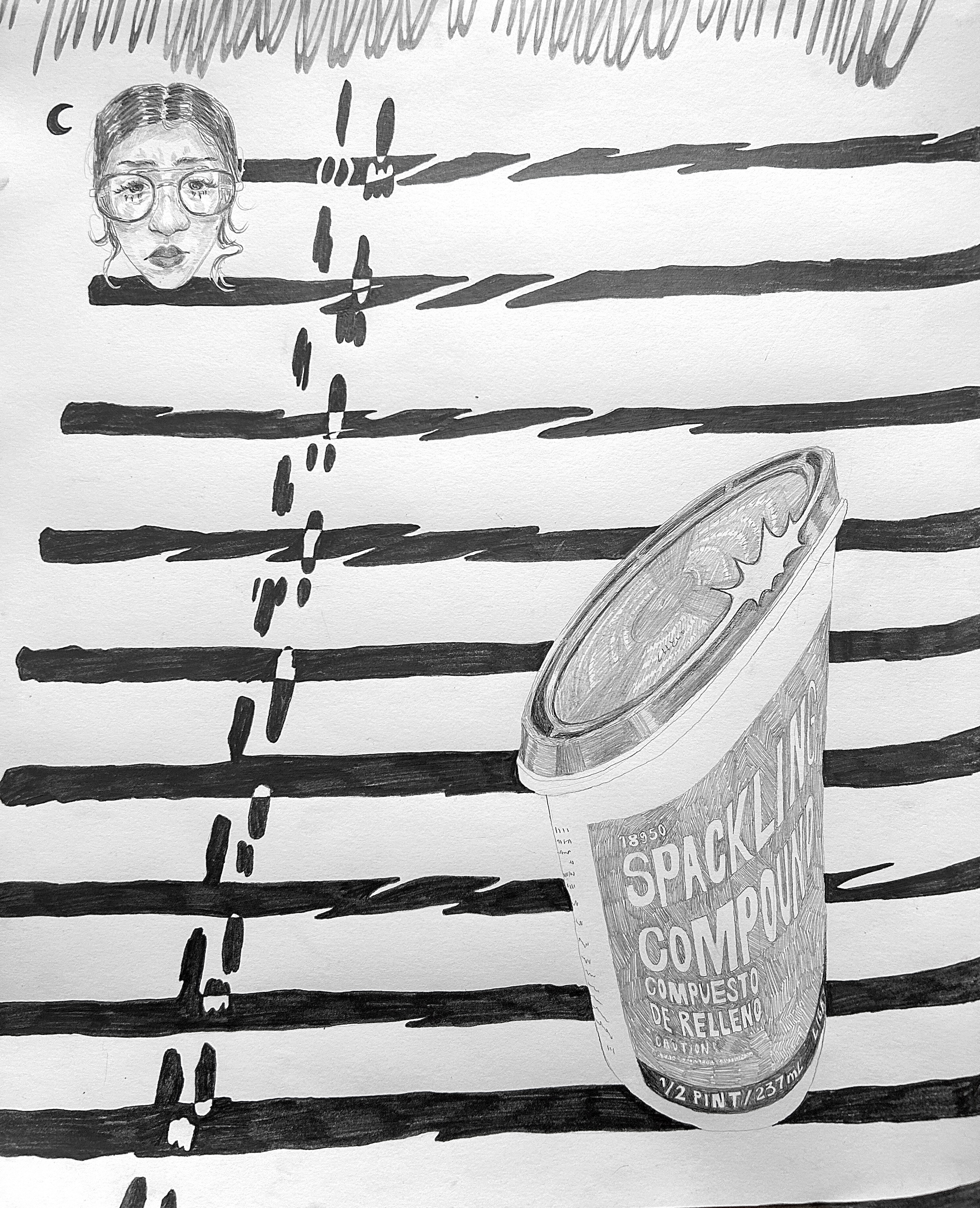 "even though the moon won't lull me to sleep for a while, there are new splendid spectacular things i'll dream of to help." graphite on paper, 14"x17", July 2023.