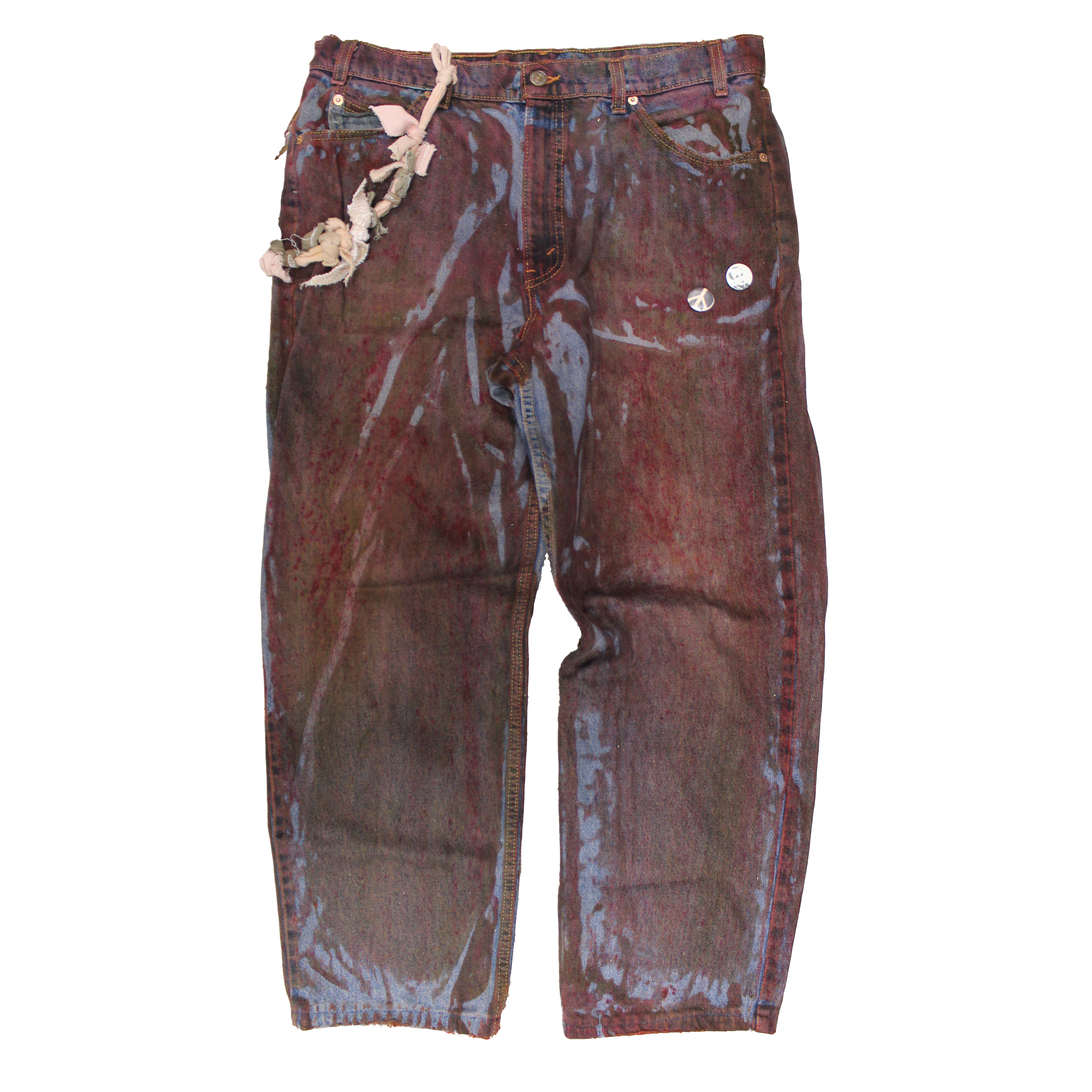 reclaimed vintage surplus denim screen printed with textile dye & various metals. tailored for straight/wide fit. fitted with custom keychain, scrap chain, and leather patches