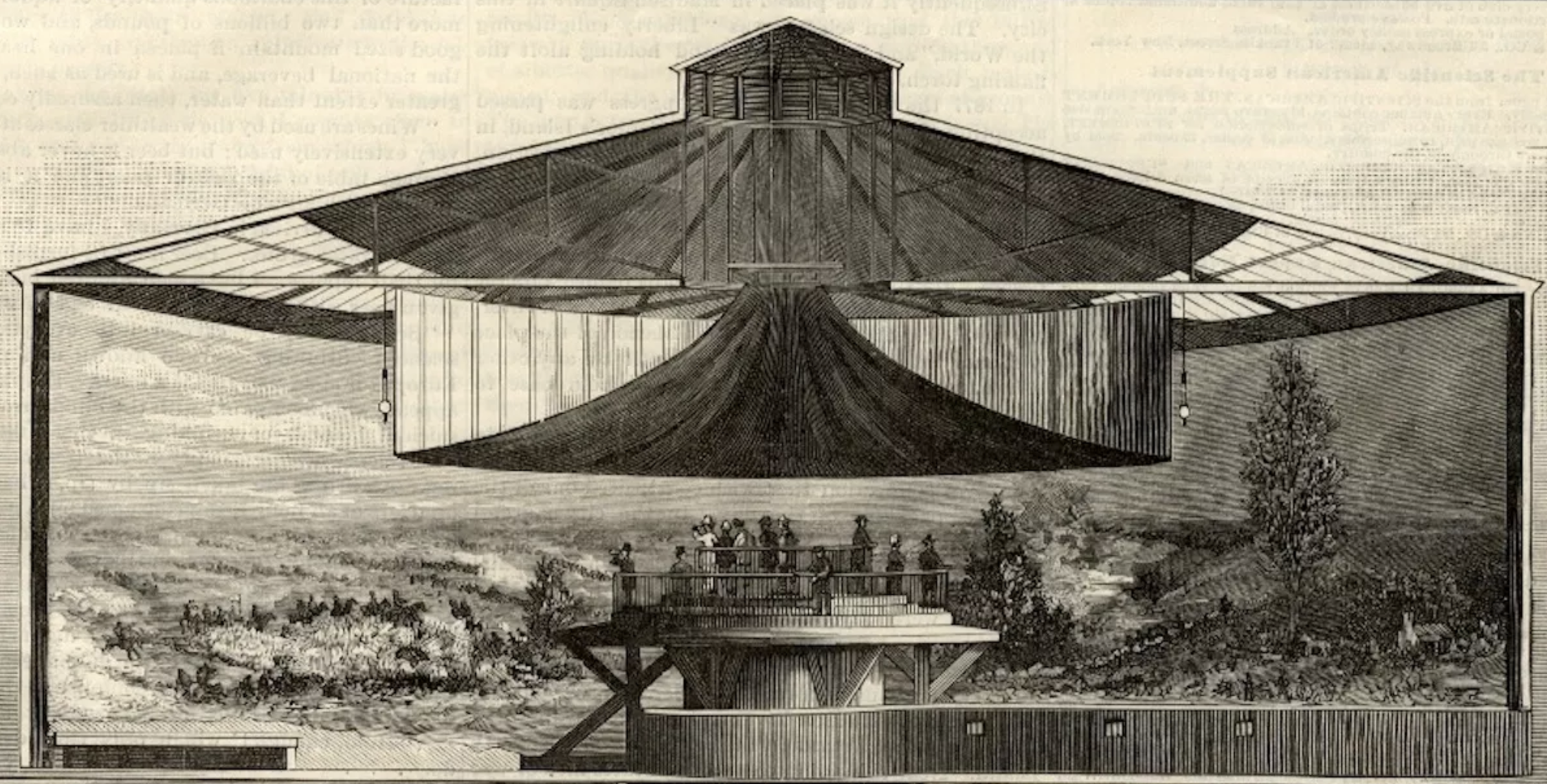 First created by Robert Barker in 1787 in London, and later led a trend of panoramas buildings being constructed around the world. The spatial construction of the rotunda framed the panorama in such a way that it seemingly transported the viewers to a new place and scale. The sequence of entering the space, such as coming from below so as not to break the panorama, had drastic effects on how one experienced and perceived their new surroundings, and many reported the experience at the time as being incredibly convincing.