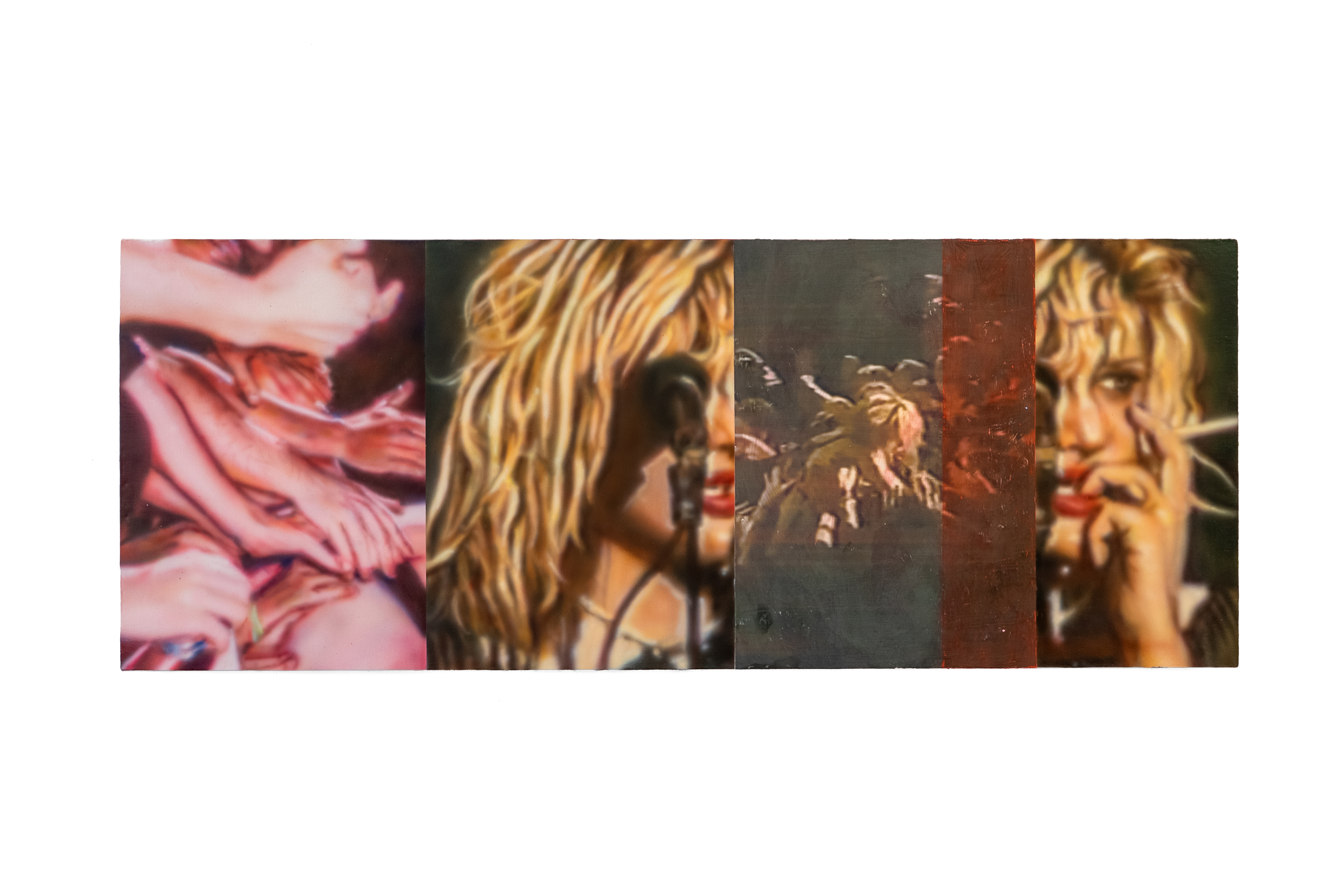 The trickle down effect (mint), acrylic, pigment transfer, gouache, and glitter on linen 18x47 in 2025