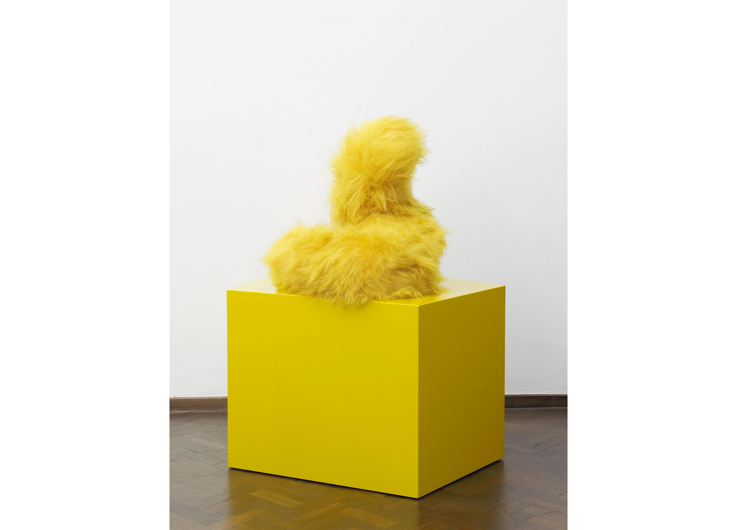 Holding Form Yellow 2014 Sheepskin, fabric, wood, MDF and paint 135 × 100 × 66cm In collaboration with Peter Saville Cabinet Gallery, London (15 May – 21June 2014)