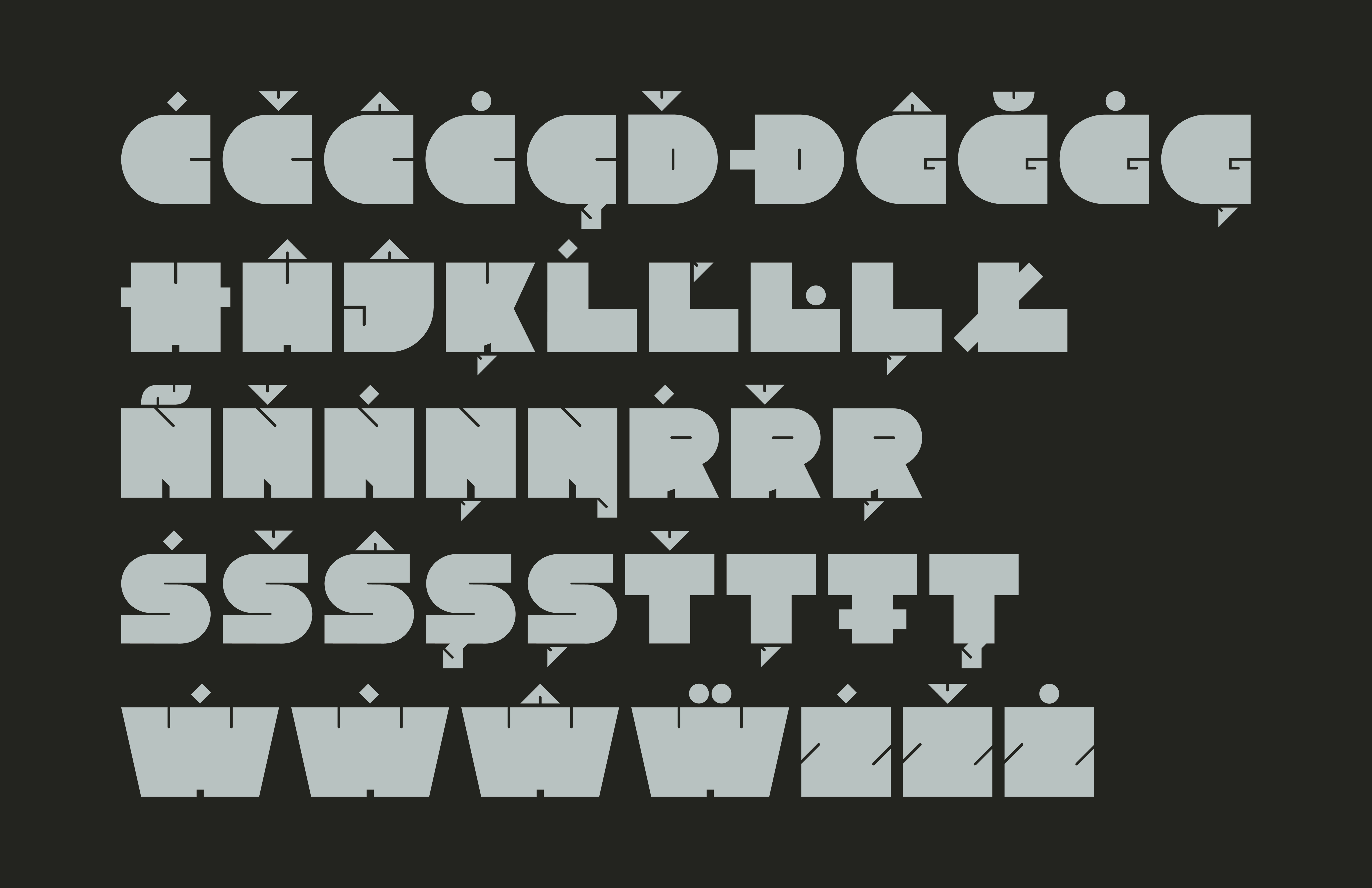 3/4 Letters with accents in heavy font.
