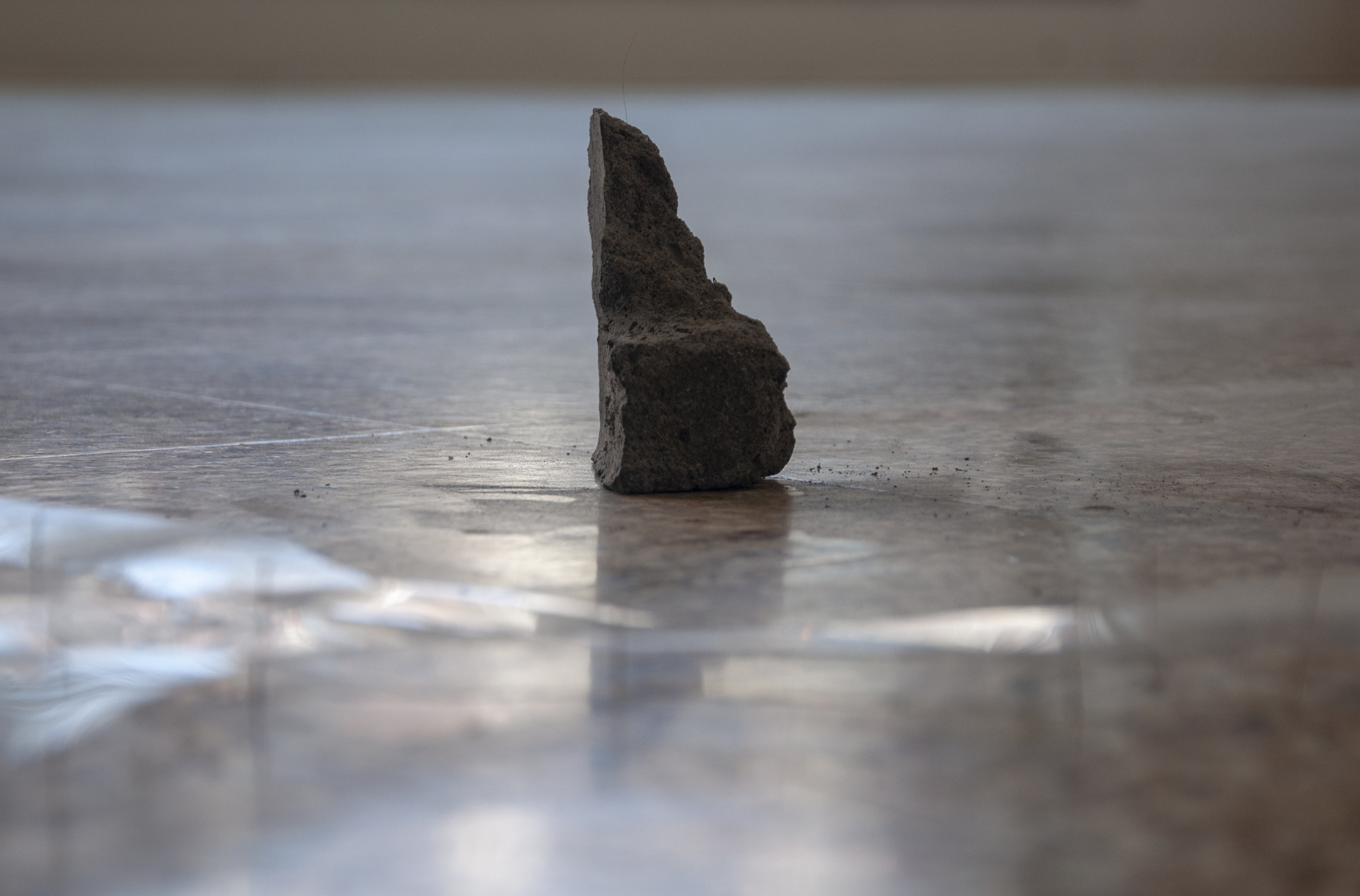 Rebecca Beachy – white cotton thread, carbon paper transfer, transparency film, sewing pins – ash cast from burned work, winter fires (Chicago 2012-present)
