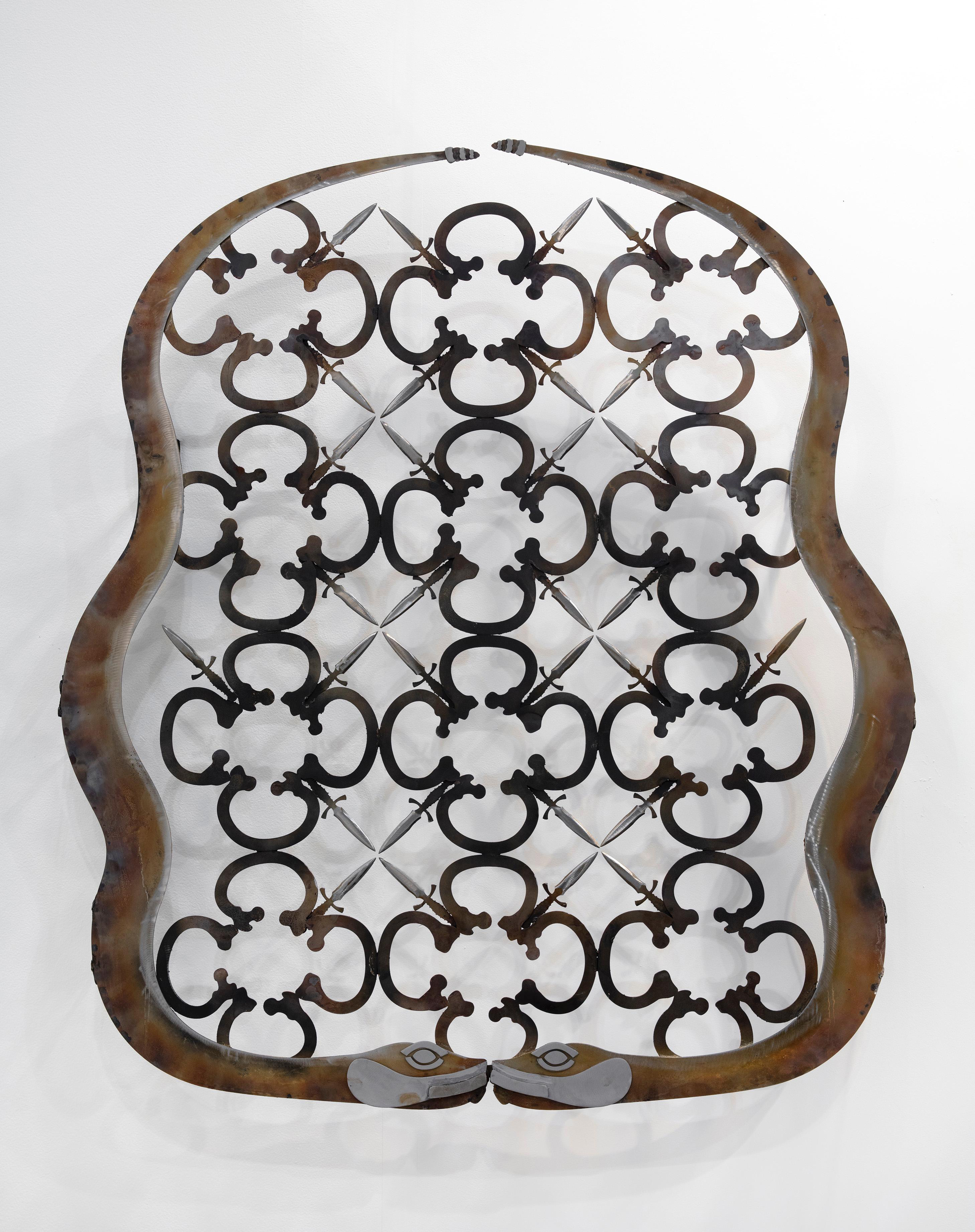 Chavis Mármol, The rift within me, dwells a serpent, 2024 Carbon steel Herrería acero al carbón 51 1/8 x 23 5/8 x 4 in 130 x 60 x 10 cm