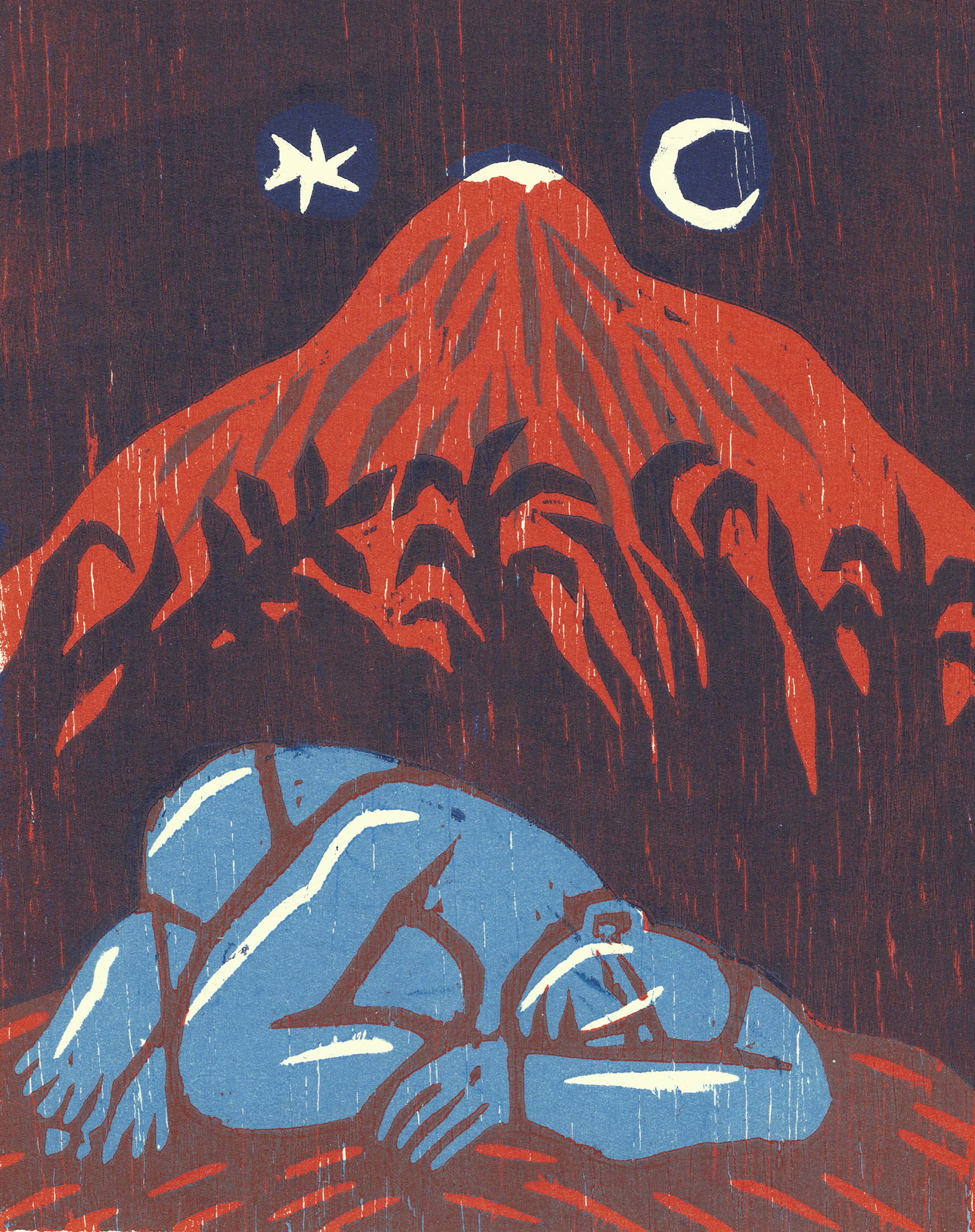 In the Arms of the Mountain, three-layer woodcut